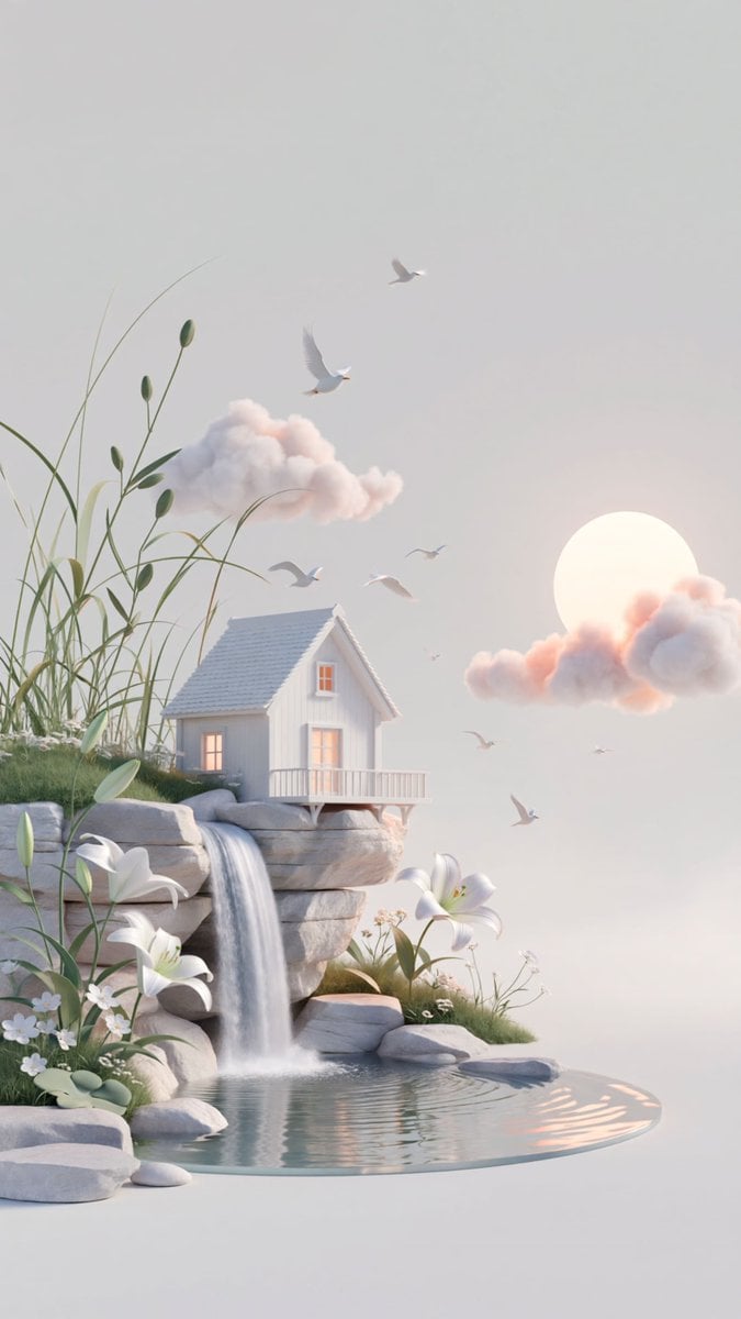 dreamy surreal 3D illustration, vertical composition with a minimalist pale gray backgrou…