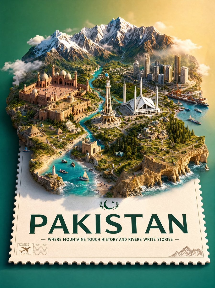 Create a premium stylized 3D isometric travel poster of Pakistan designed as a floating m…