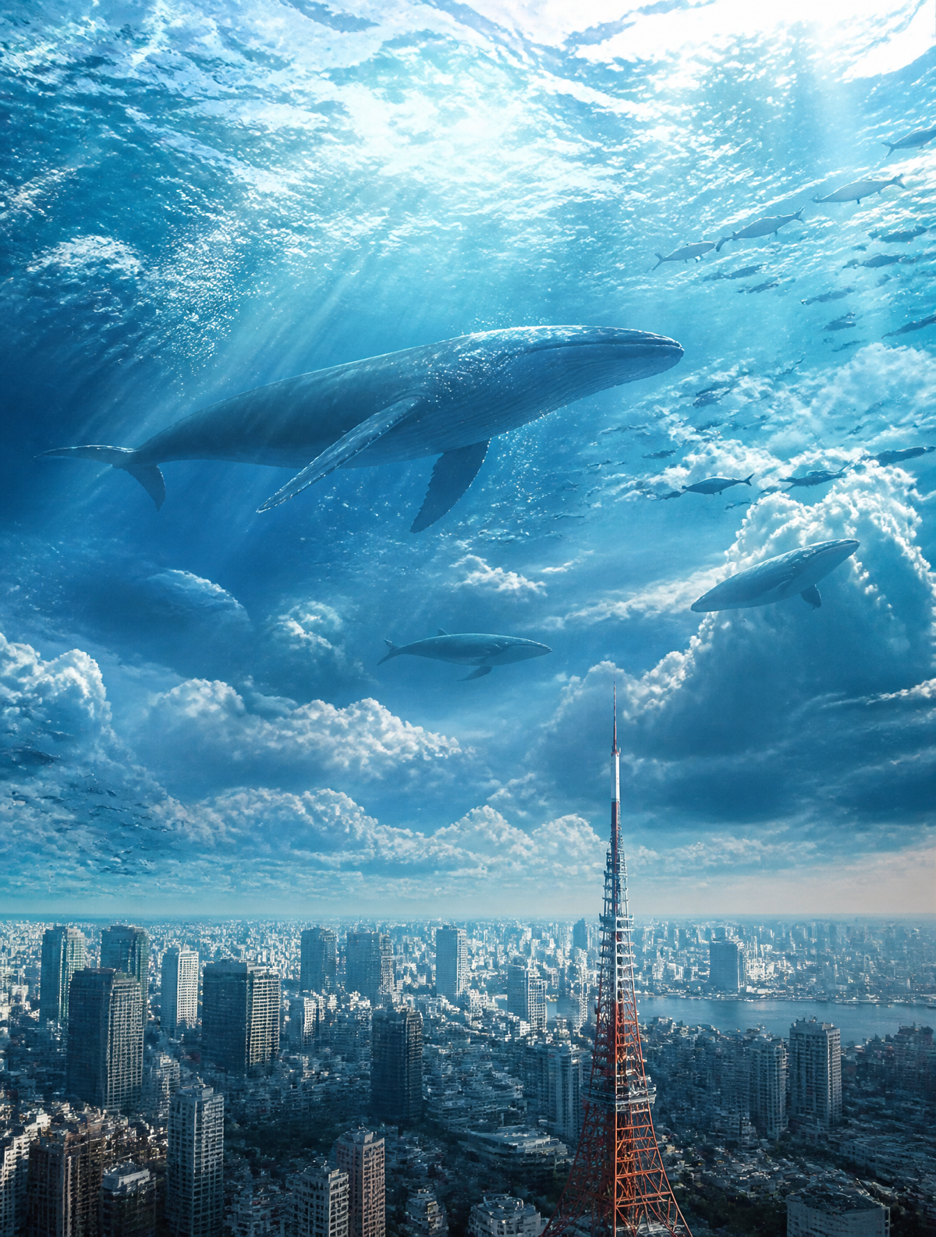 Massive ocean floating in the sky above a modern city, whales swimming through clouds, su…