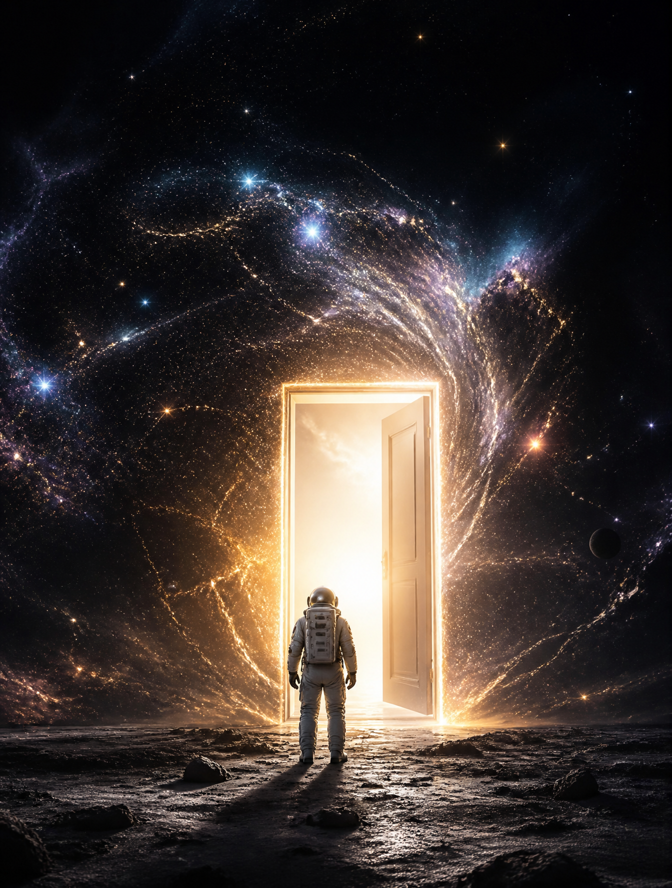 A lonely astronaut discovering a glowing door in the middle of the universe, stars bendin…
