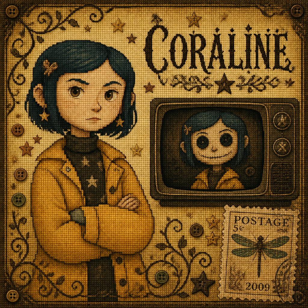 Vintage cross-stitch fan art illustration in scrapbook layout style.CHARACTER: Use my giv…