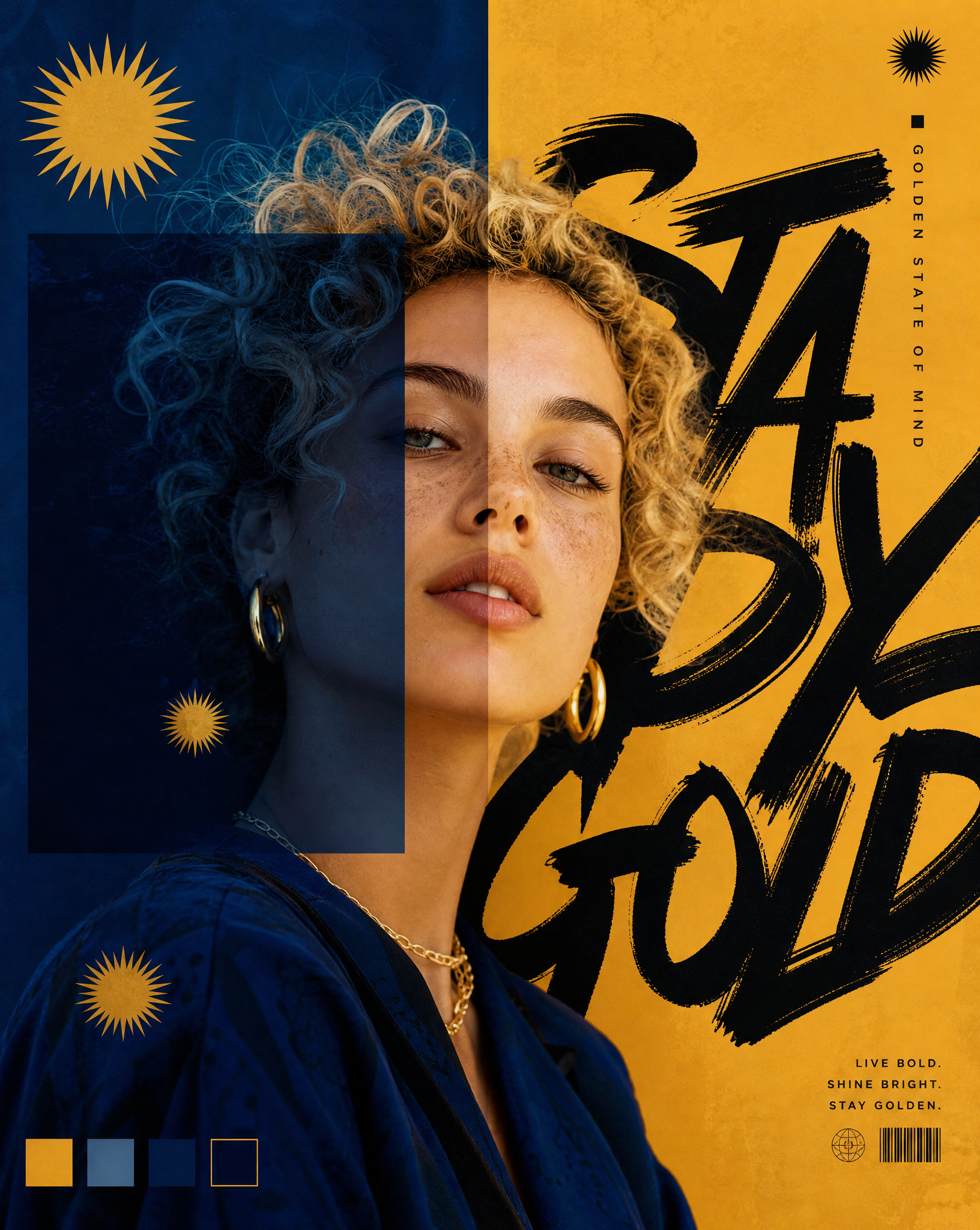 Azure & Gold Editorial portrait of a young woman with curly blonde hair, split compositio…