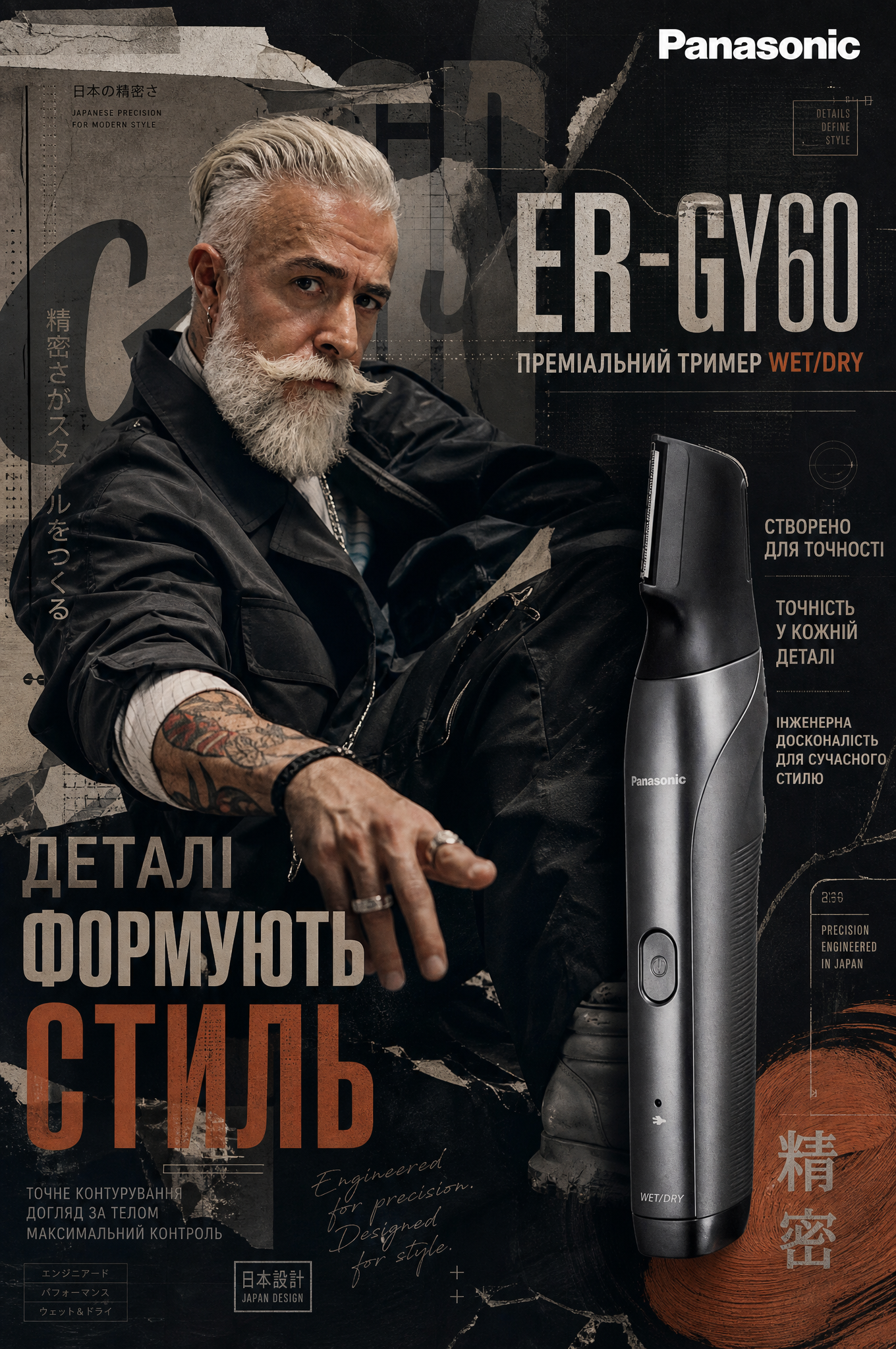 Create a high-resolution 8K premium Panasonic ER-GY60 campaign poster in an Urban Fashion…