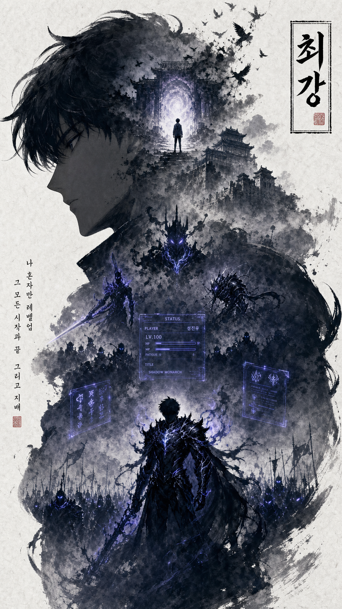 A collectible anime art poster of Sung Jinwoo from Solo Leveling. His large side-profile …