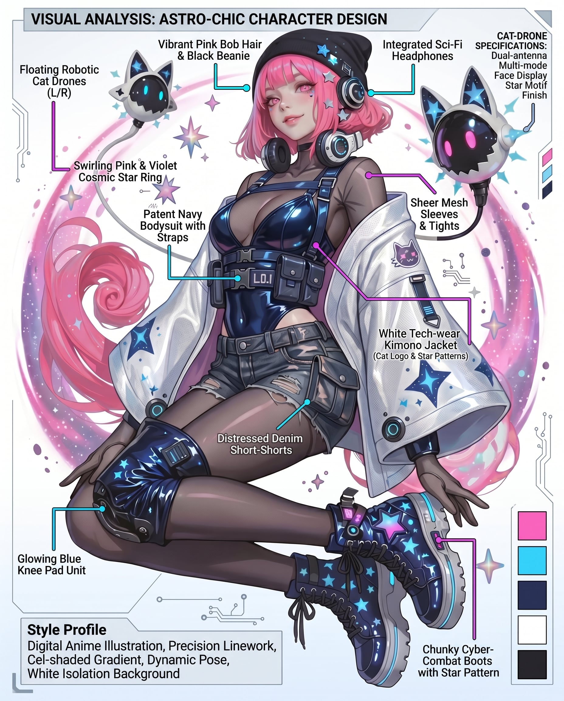 A stylish anime girl with short vibrant pink hair and a black beanie sits floating in a d…