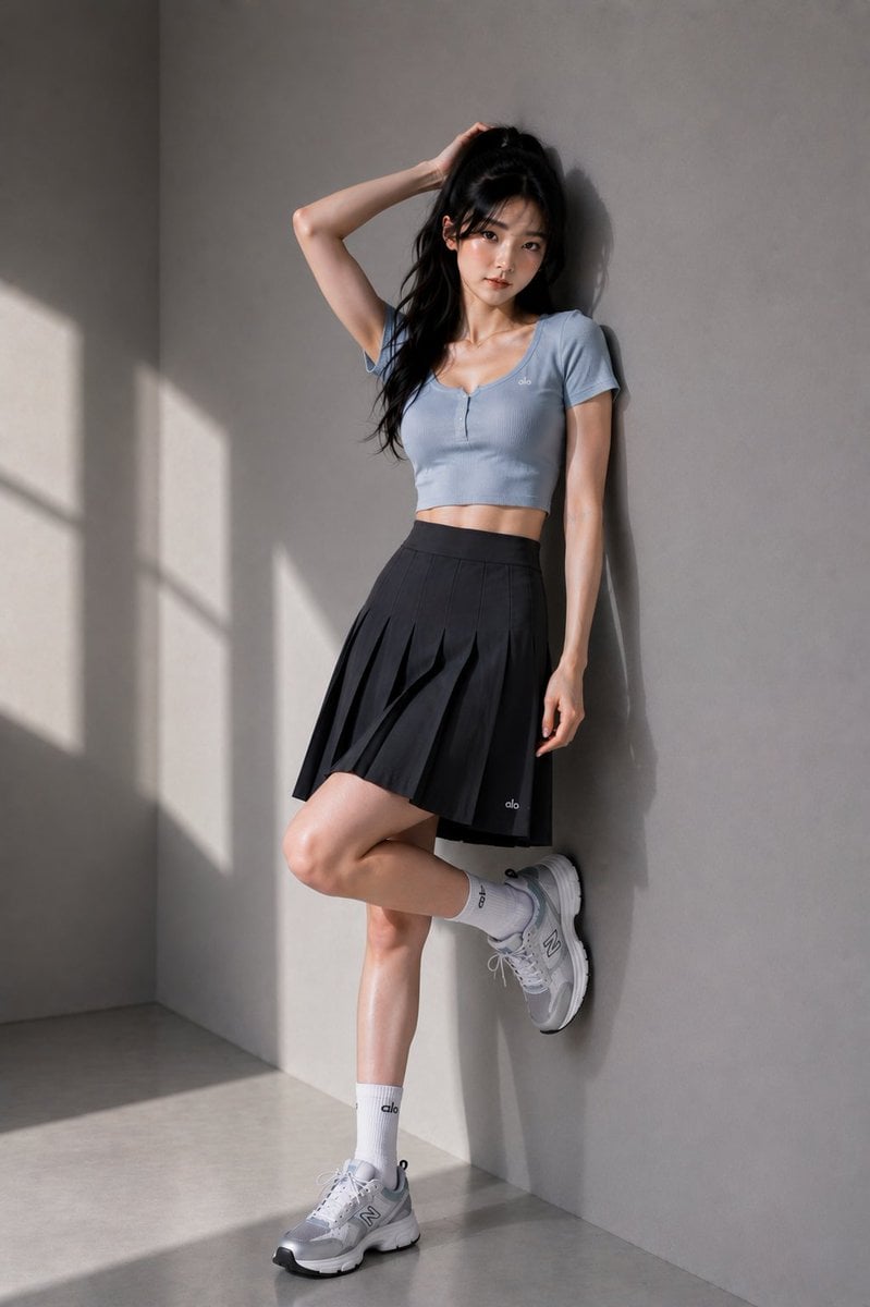 Ultra-realistic full-body fashion editorial photograph of a beautiful young East Asian wo…
