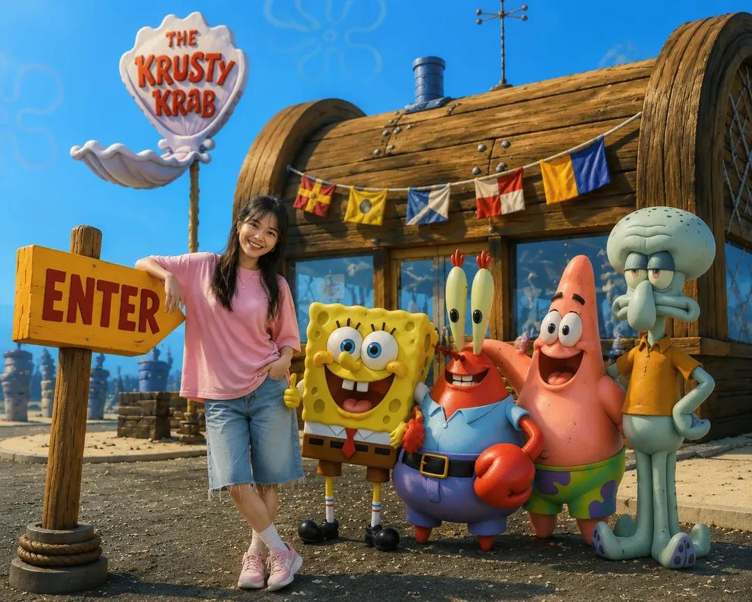A realistic 3D live-action style photo of a cheerful young Asian woman with long dark hai…