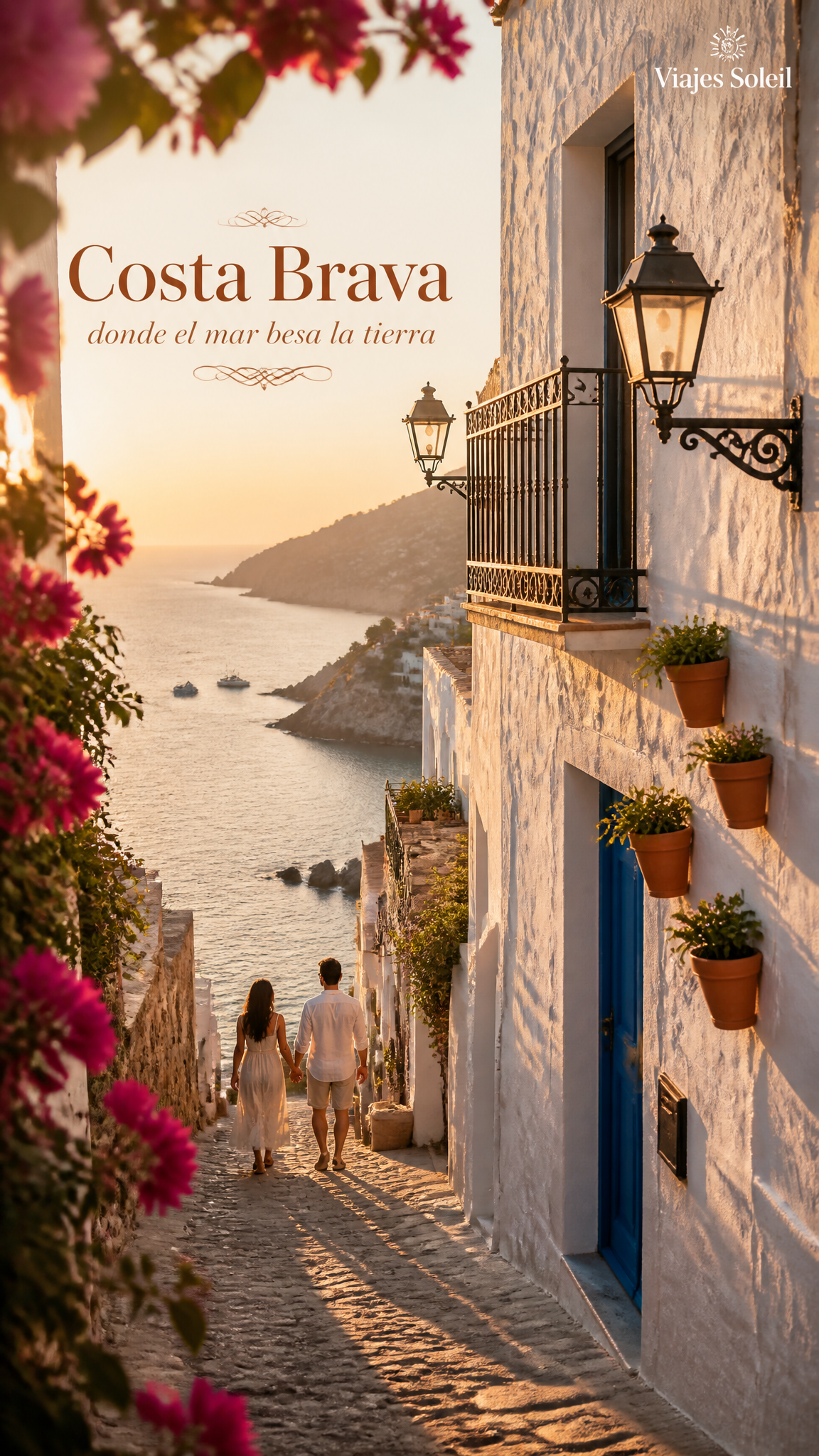High-end travel editorial photography, vertical composition, perspective looking down a n…