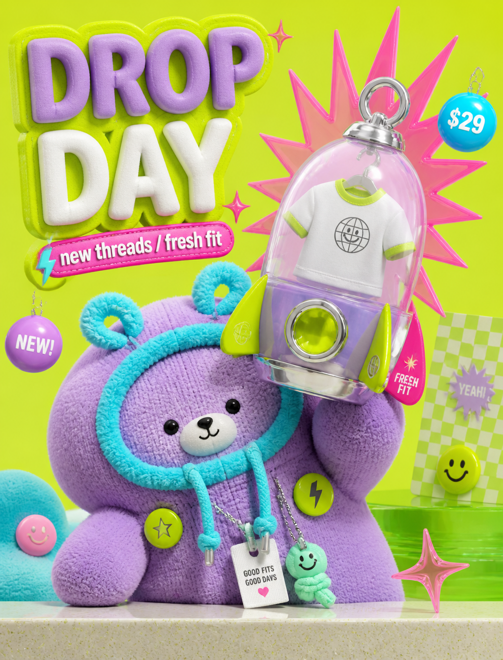 A glossy toy-advertising 3D style built from acid lime studio backdrops, oversized fuzzy …