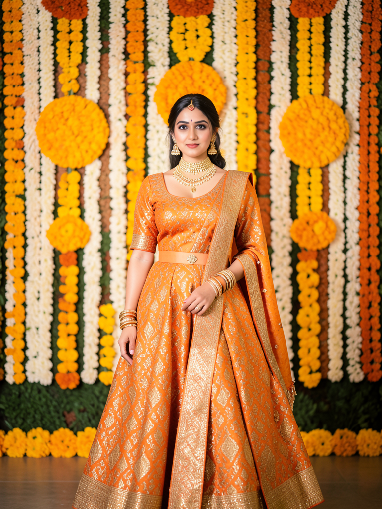 A young woman stands centered in a traditional Indian lehenga of vibrant orange and gold,…