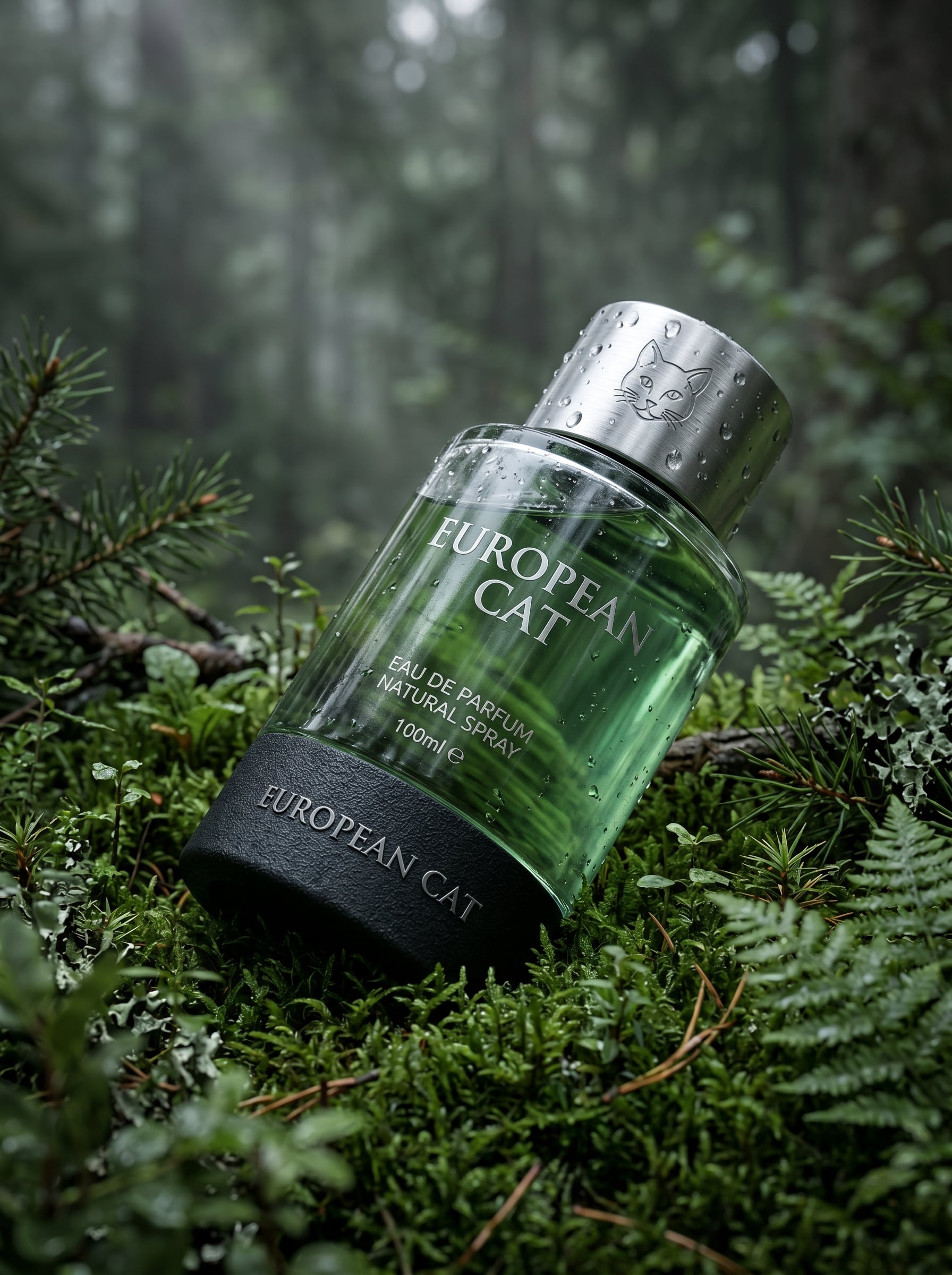 Ultra-realistic premium fragrance product shot of a EUROPEAN CAT positioned at a (low mac…