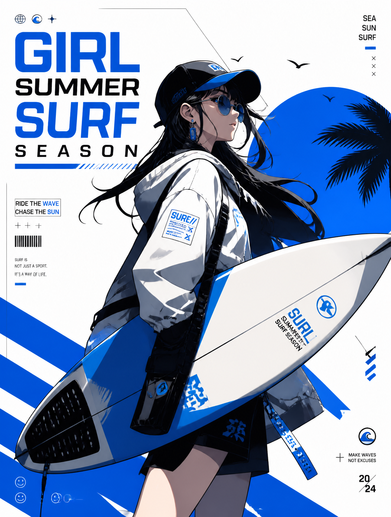 prompt : Create a stylized illustration of GIRL SUMMER SURF