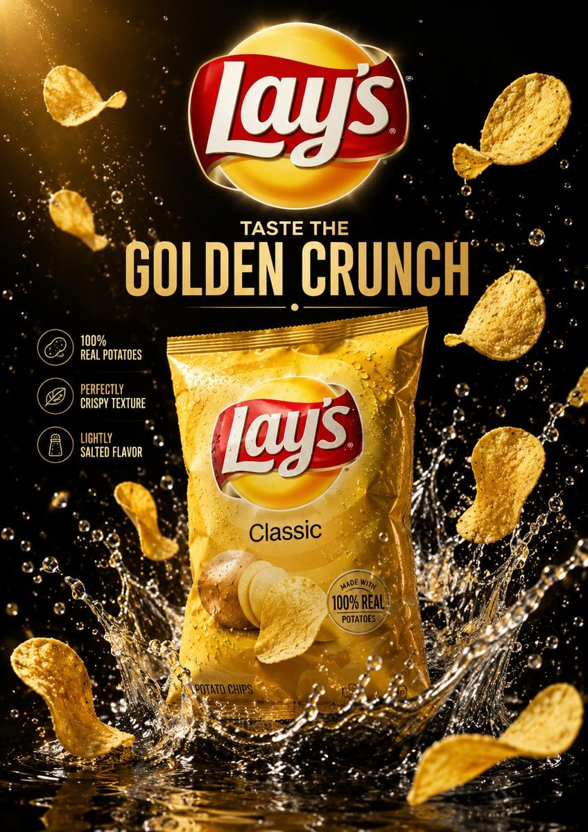Create an ultra-premium luxury advertising poster for a famous snack brand, designed by a…