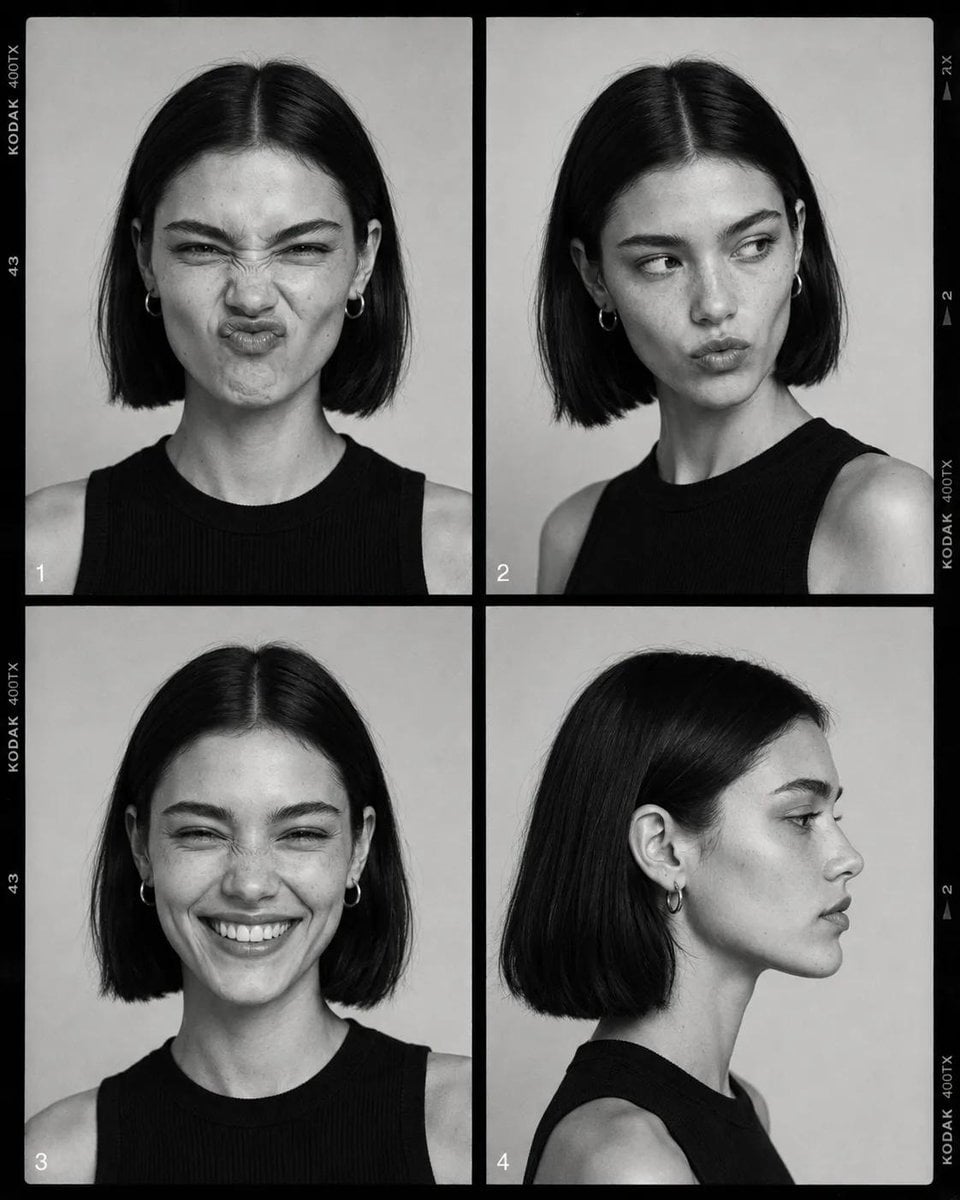 Black-and-white fashion casting contact sheet of [Human] with [Hair], arranged in a clean…