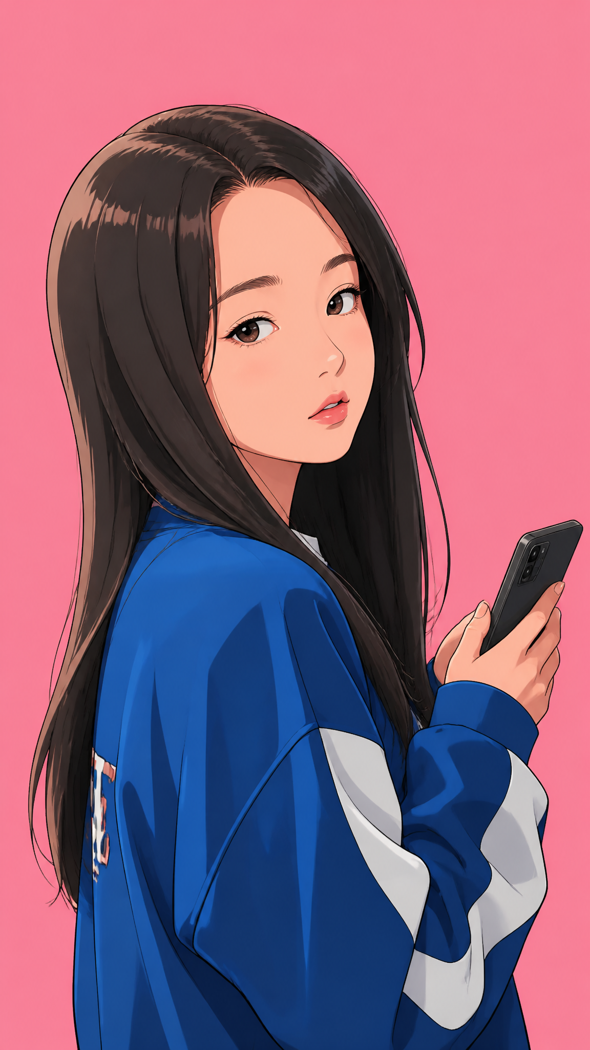 A stylized anime-inspired portrait features [image1], flat pastel pink backdrop. She wear…