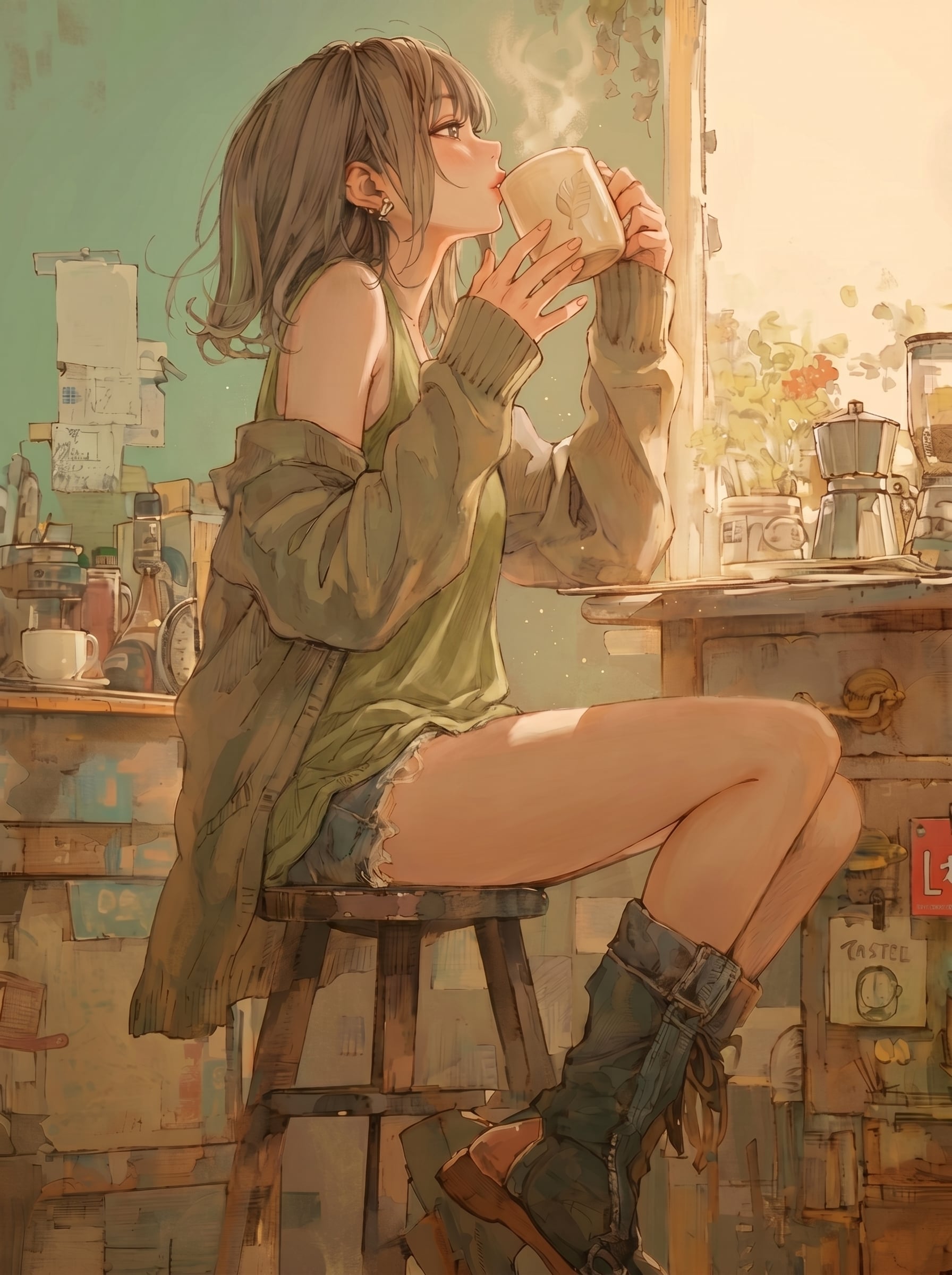 Scene and Action: A young woman with a short, neat haircut sits on a rustic wooden stool,…