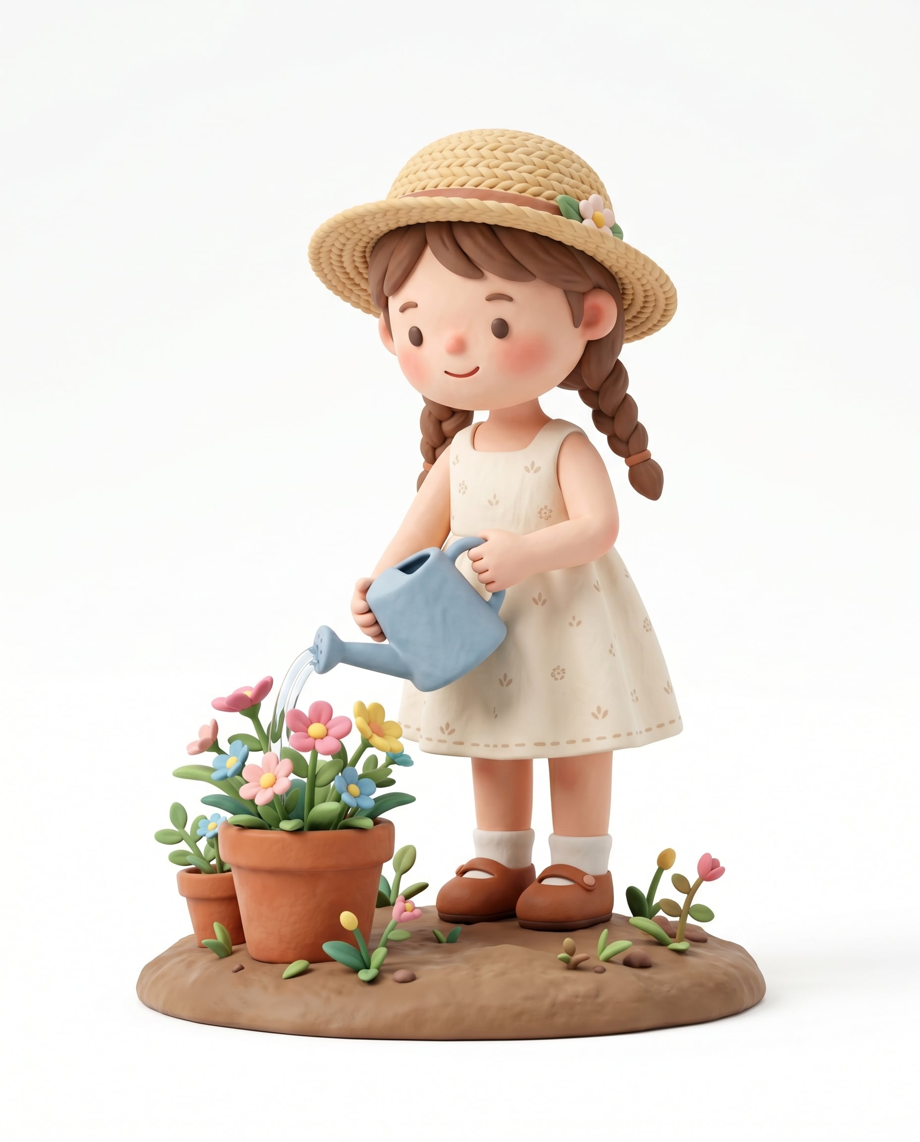 A sweet and exquisitely crafted 3D character. The girl wears a simple, light-colored summ…