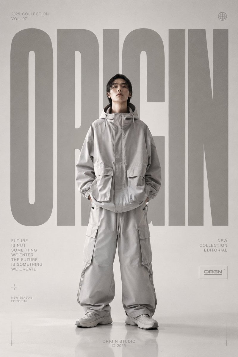 Premium high-fashion editorial poster for [BRAND NAME], full-body fashion model centered,…