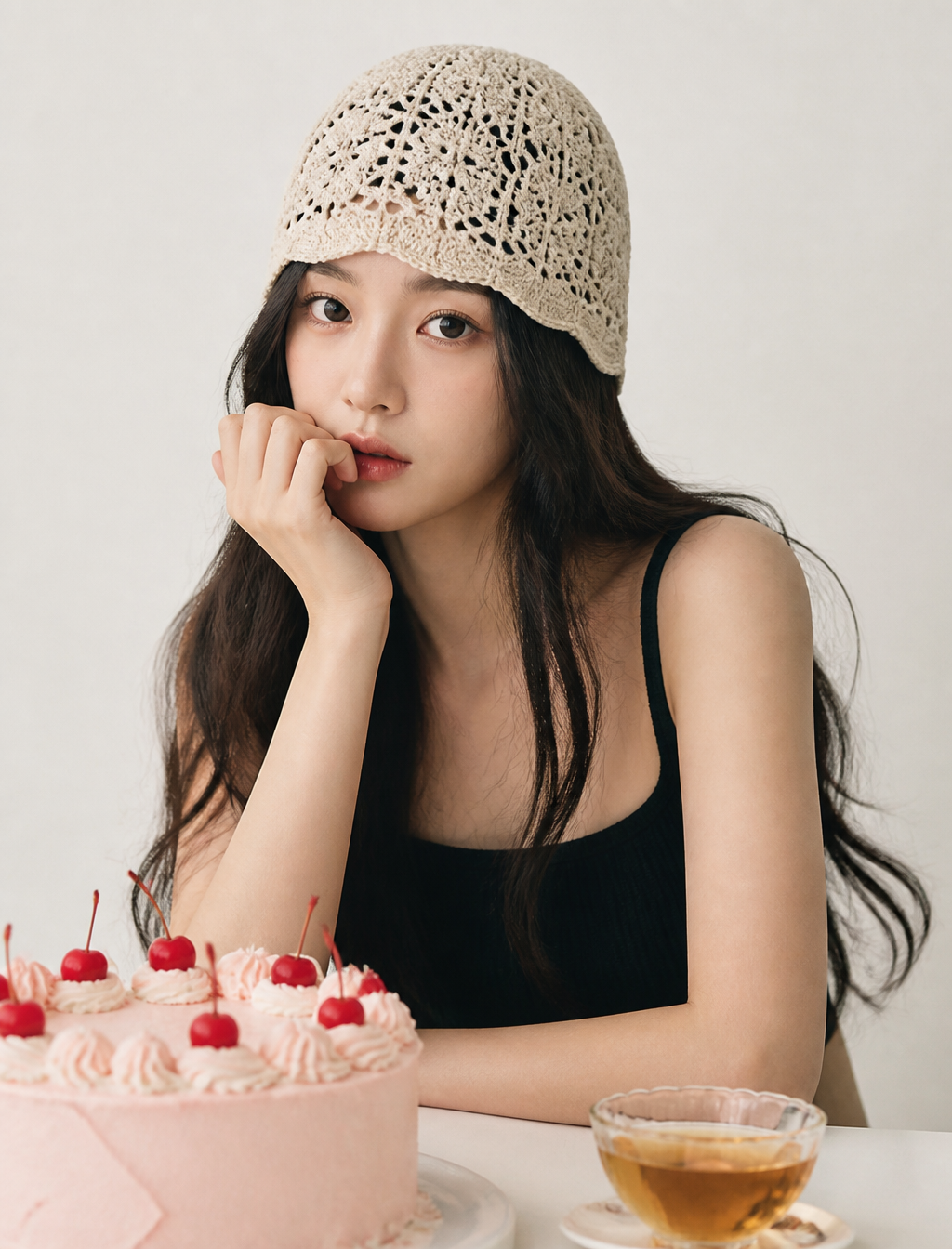 A young woman with long, dark, flowing hair wears a beige, intricate crochet beanie, her …