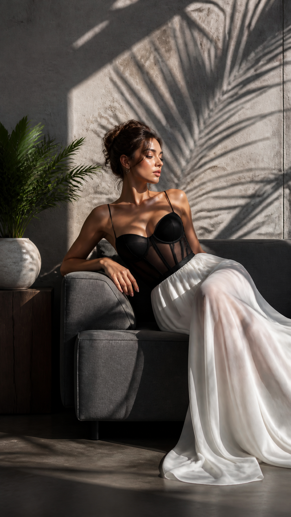 A young woman with an elegant updo reclines on a minimalist grey upholstered sofa, wearin…
