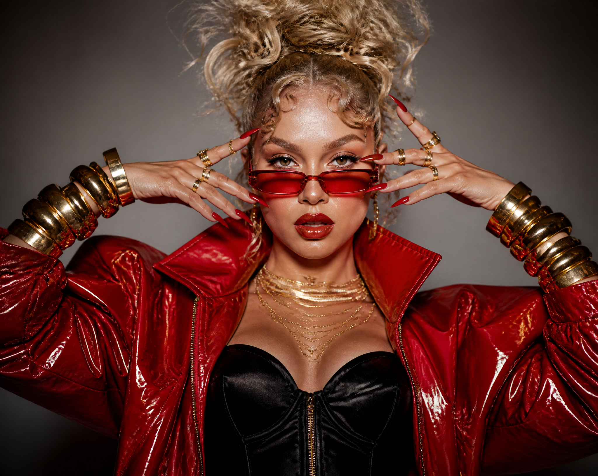 Ultra high-fashion editorial portrait of a striking young blonde woman, waist-up composit…