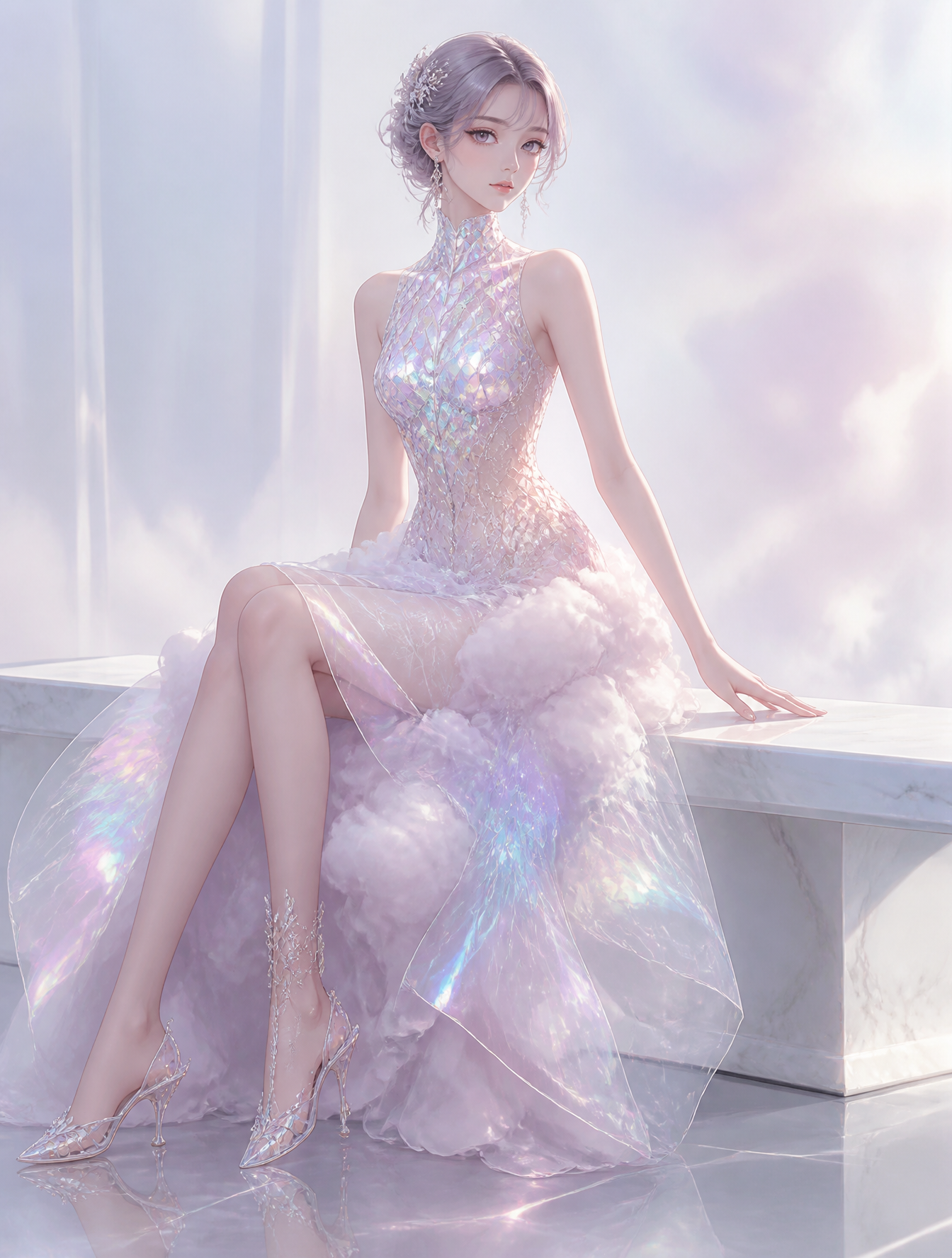 A dreamy anime fashion illustration highlighting a highly creative, surreal dress. The an…