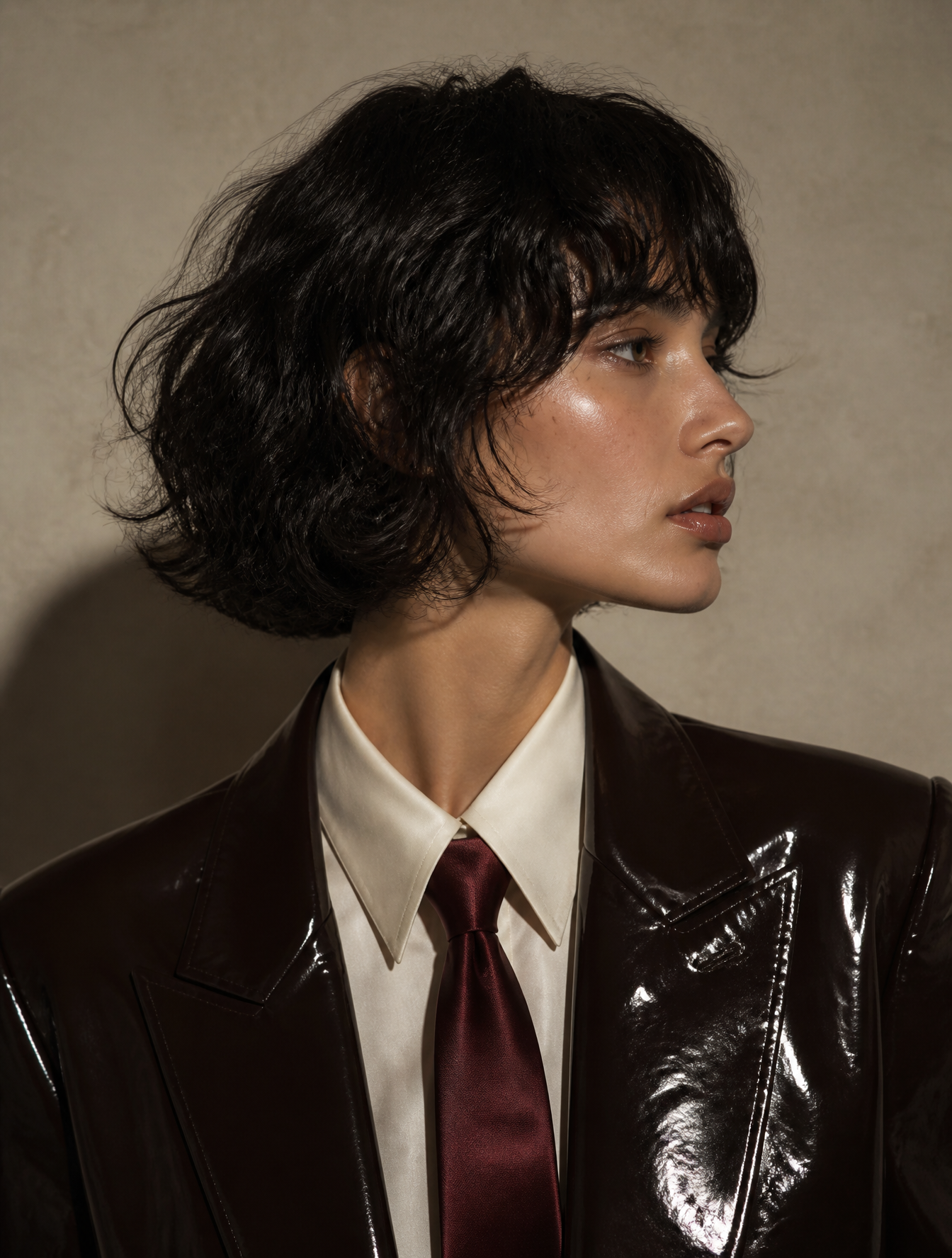 A high-fashion editorial medium close-up photograph of a woman with a sharp side-profile …