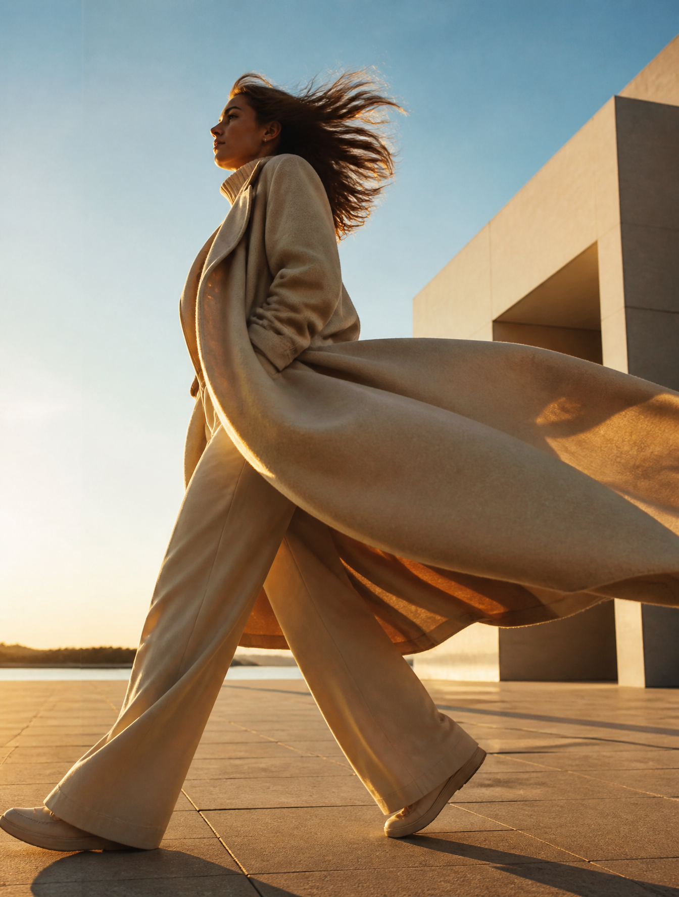 Cinematic fashion photograph of a woman walking through an open concrete plaza during gol…