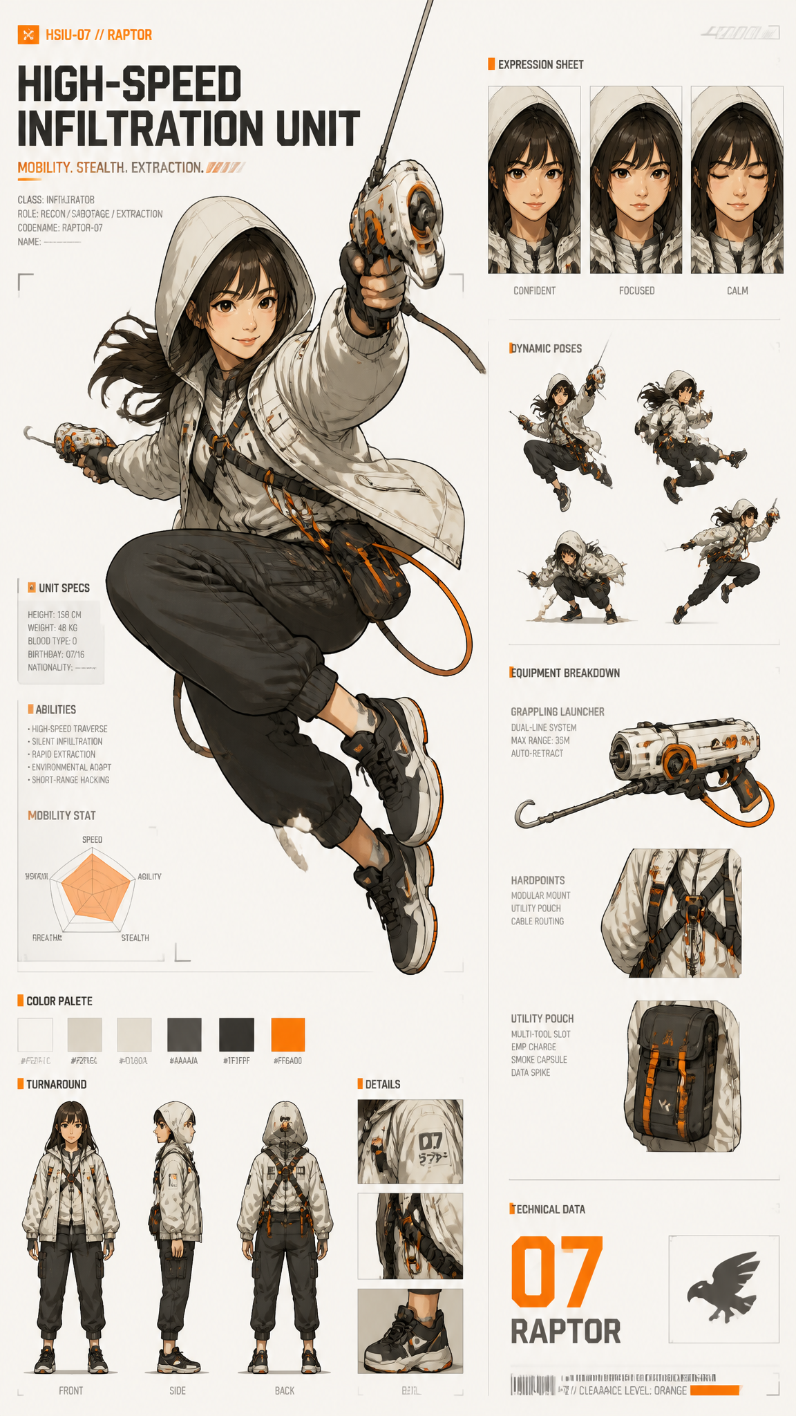 use [image1] to create A dynamic character concept sheet showcases a "High-Speed Infiltra…