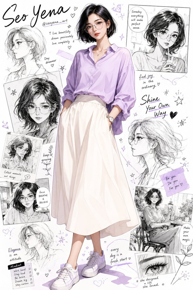 Semi-realistic anime-inspired portrait of a stylish young Korean woman with a short gloss…