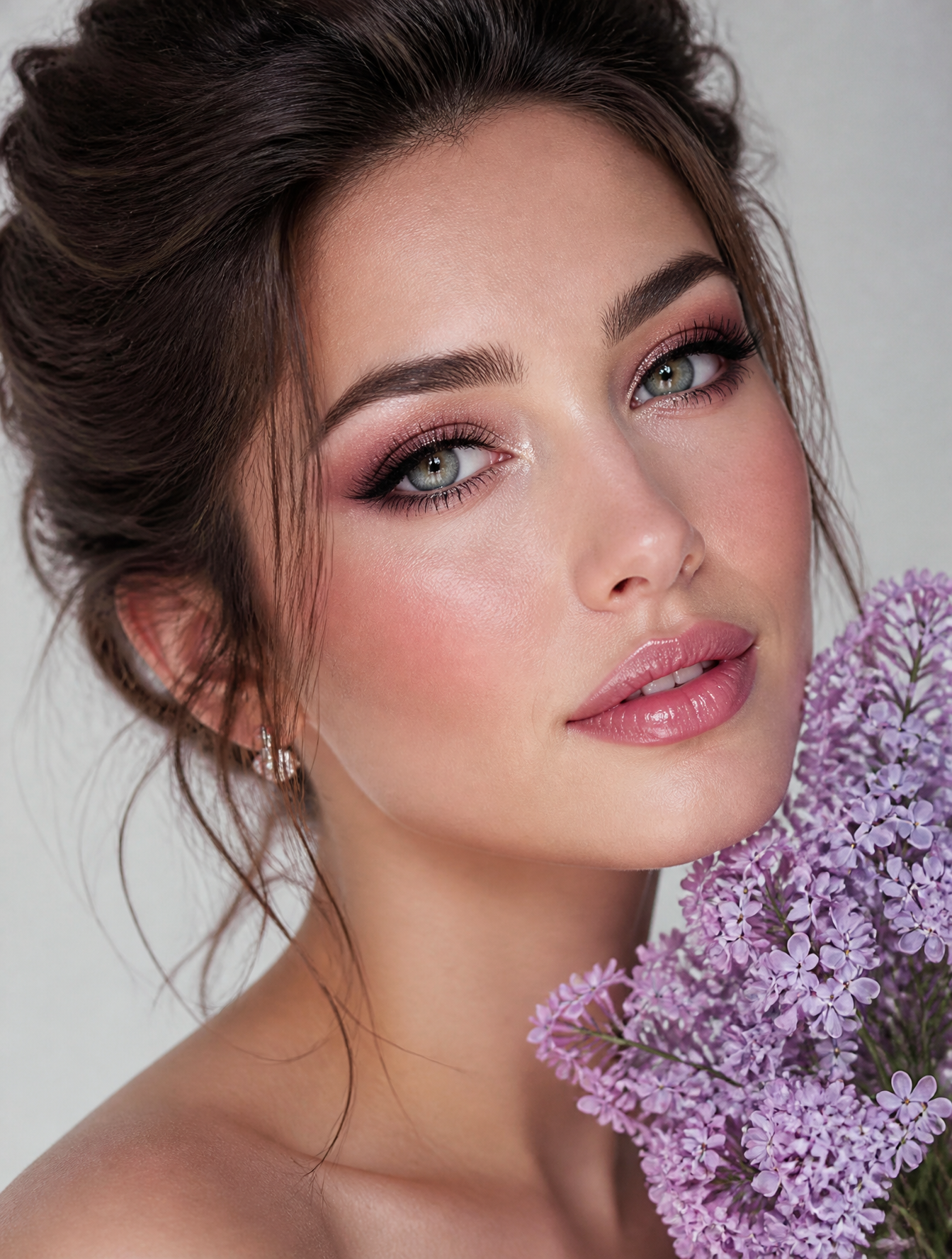 Create a hyper-realistic extreme close-up portrait with a strong emphasis on makeup and f…