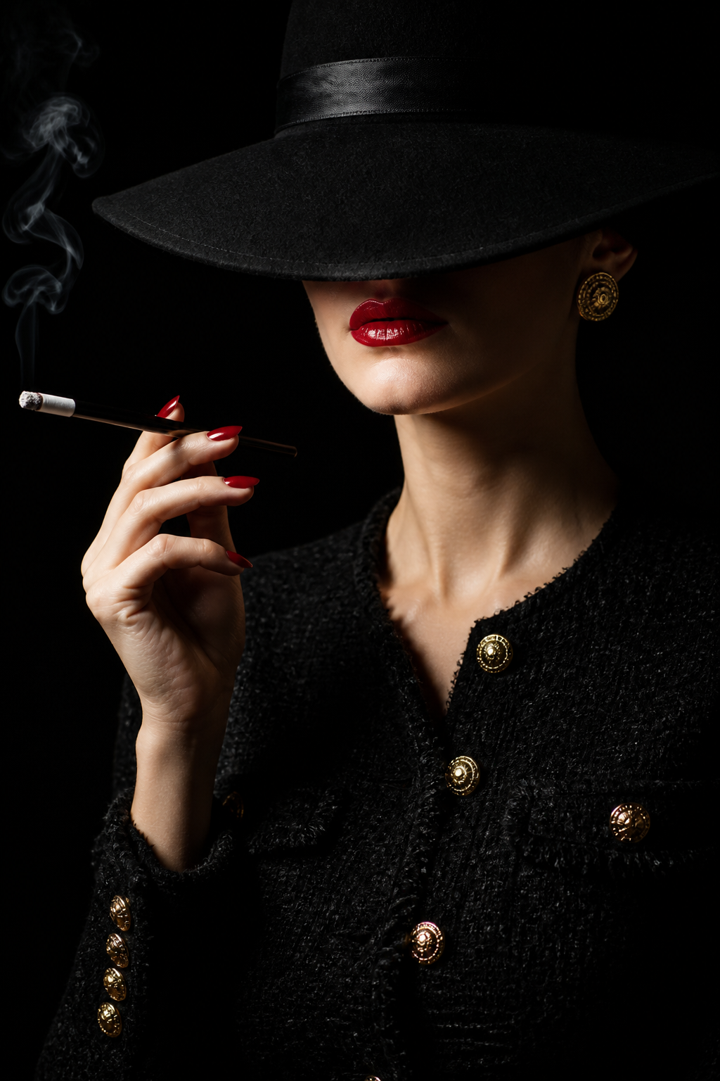 A sophisticated woman in a high-fashion black tweed jacket with gold buttons is captured …