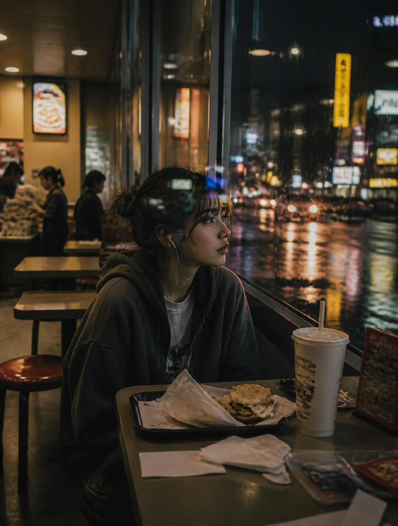 A young woman sitting alone inside a fast-food restaurant fifteen minutes before closing …