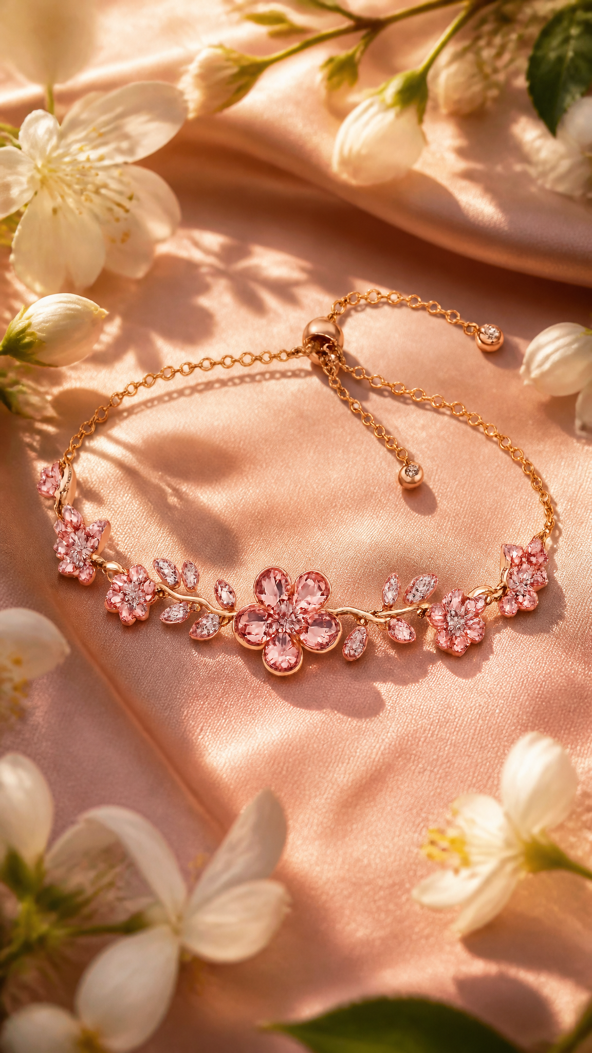 A premium rose-gold floral bracelet [image1] elegantly arranged on soft blush-pink satin …