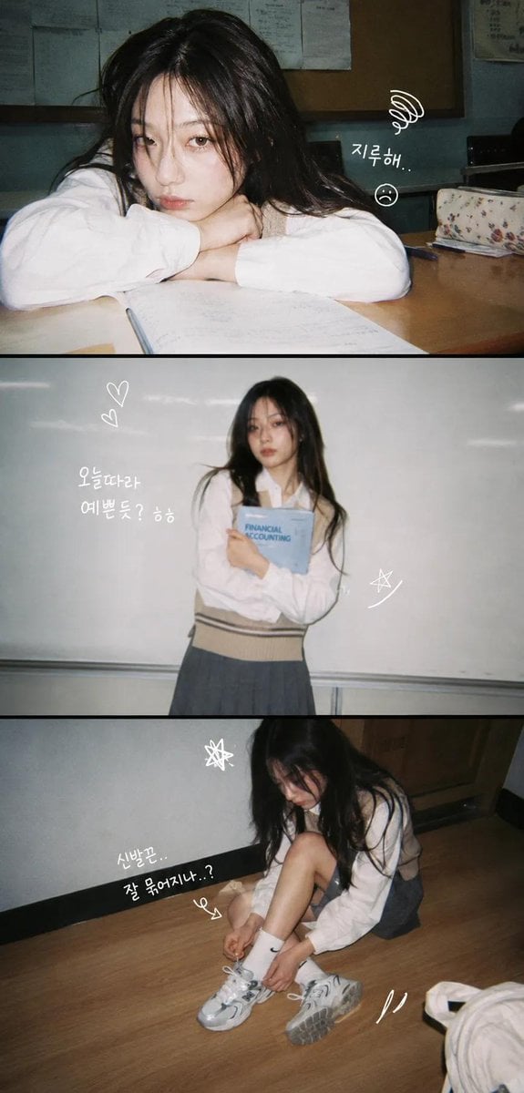 A vertical 3-panel college photo strip. The subject is a girl with long hair in a beige k…