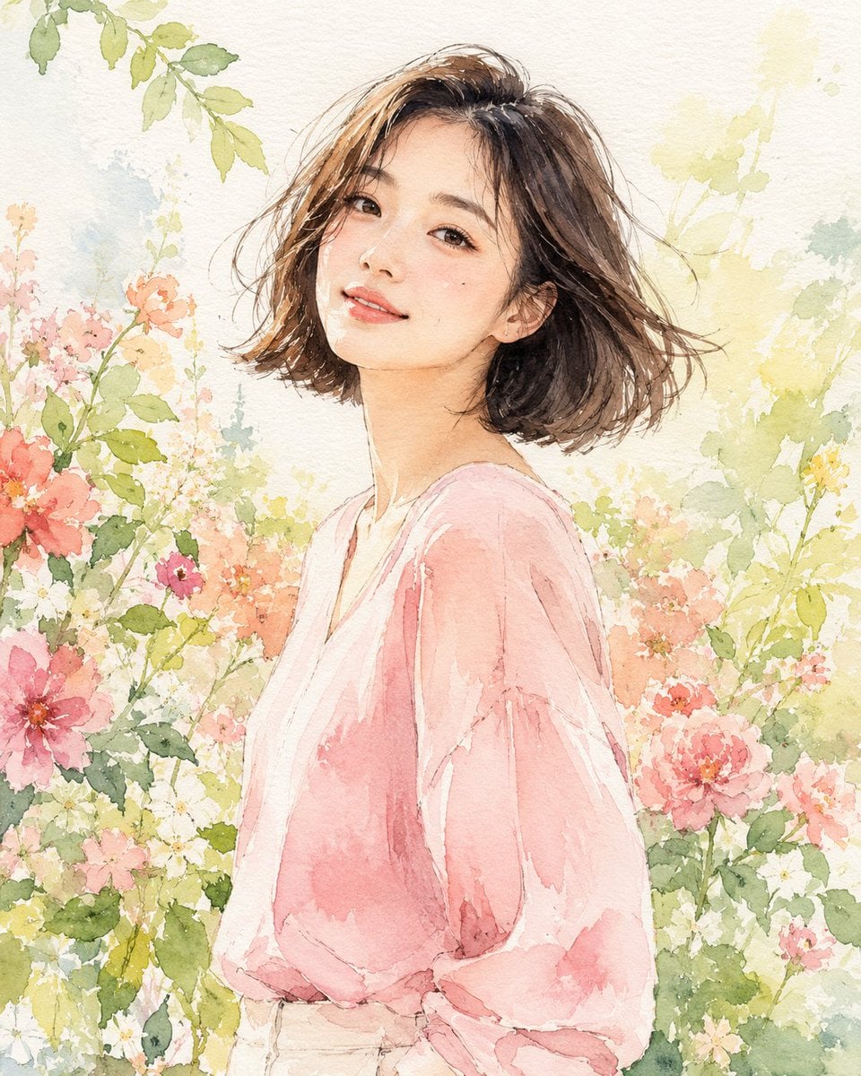 Fashion editorial watercolor portrait illustration of a young Korean man and woman with a…