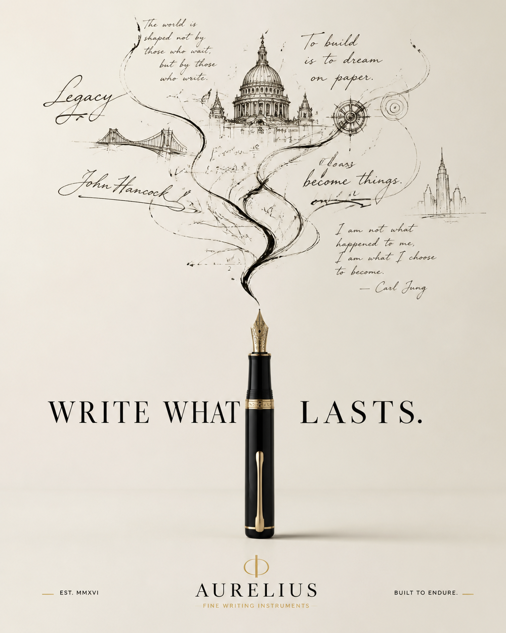 Create a premium advertising poster for a luxury fountain pen.The pen stands upright in t…