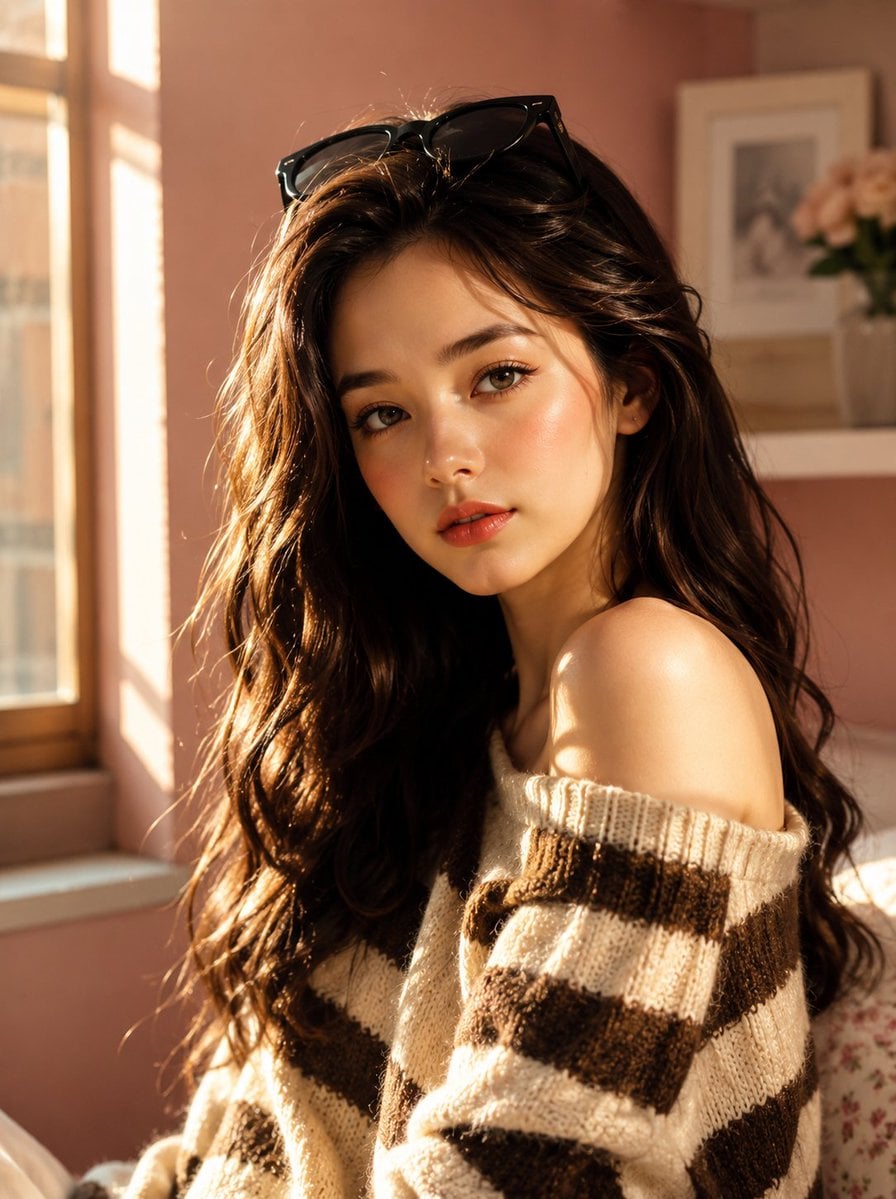 Create an ultra-realistic Korean beauty lifestyle portrait of a charming young woman in a…
