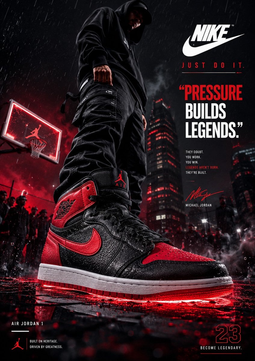 Create an ultra-premium footwear advertising poster designed by a world-class creative ag…