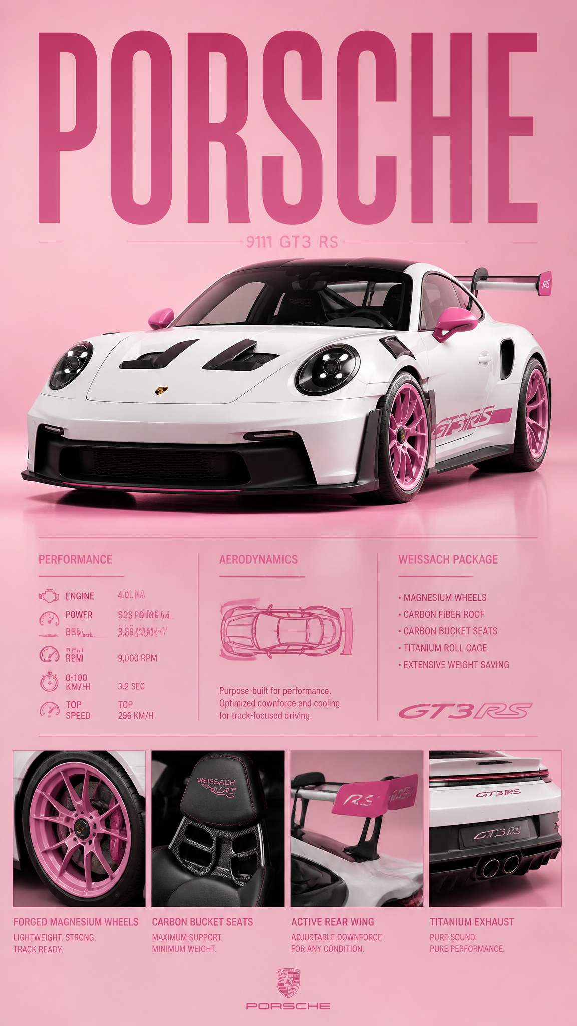A high-contrast studio editorial poster featuring a pristine white Porsche 911 GT3 RS wit…