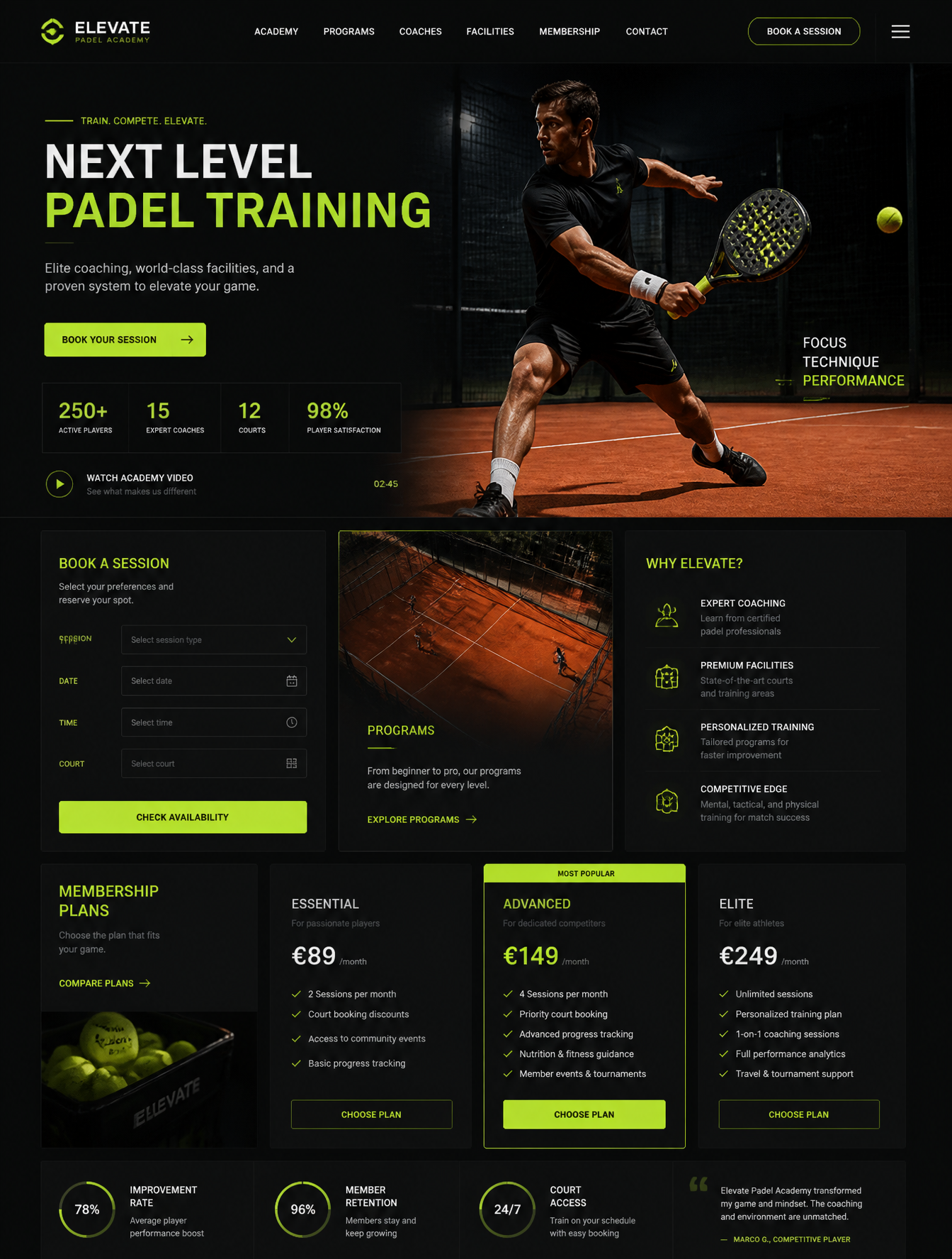 A high-fidelity landing page UI design for a premium padel training academy, characterize…