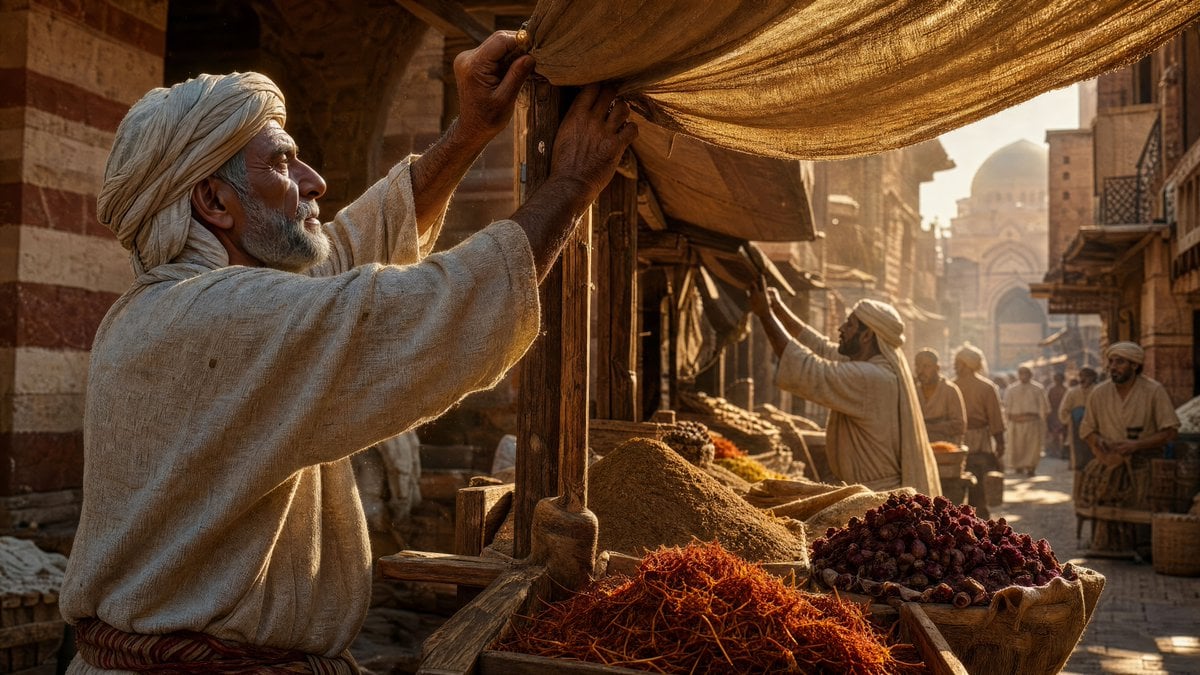 A bustling 14th-century Egyptian spice market at early morning, eye-level perspective. Th…