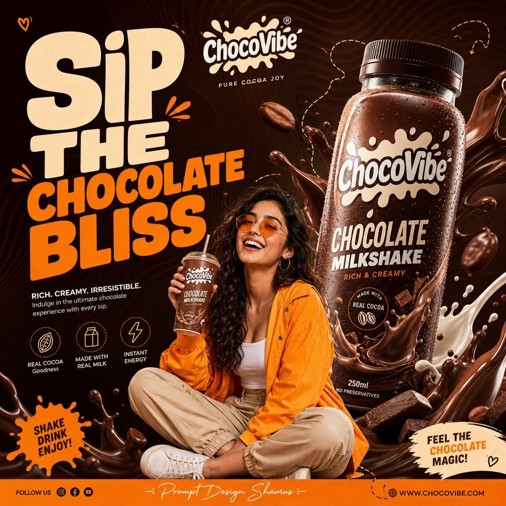 Create a premium Gen-Z commercial advertising poster for a **Chocolate Milkshake** brand.