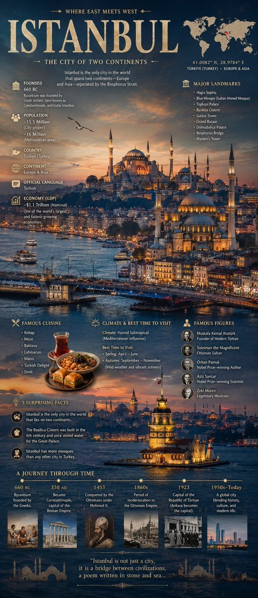 A cinematic editorial infographic poster for [city name], featuring the city’s most iconi…