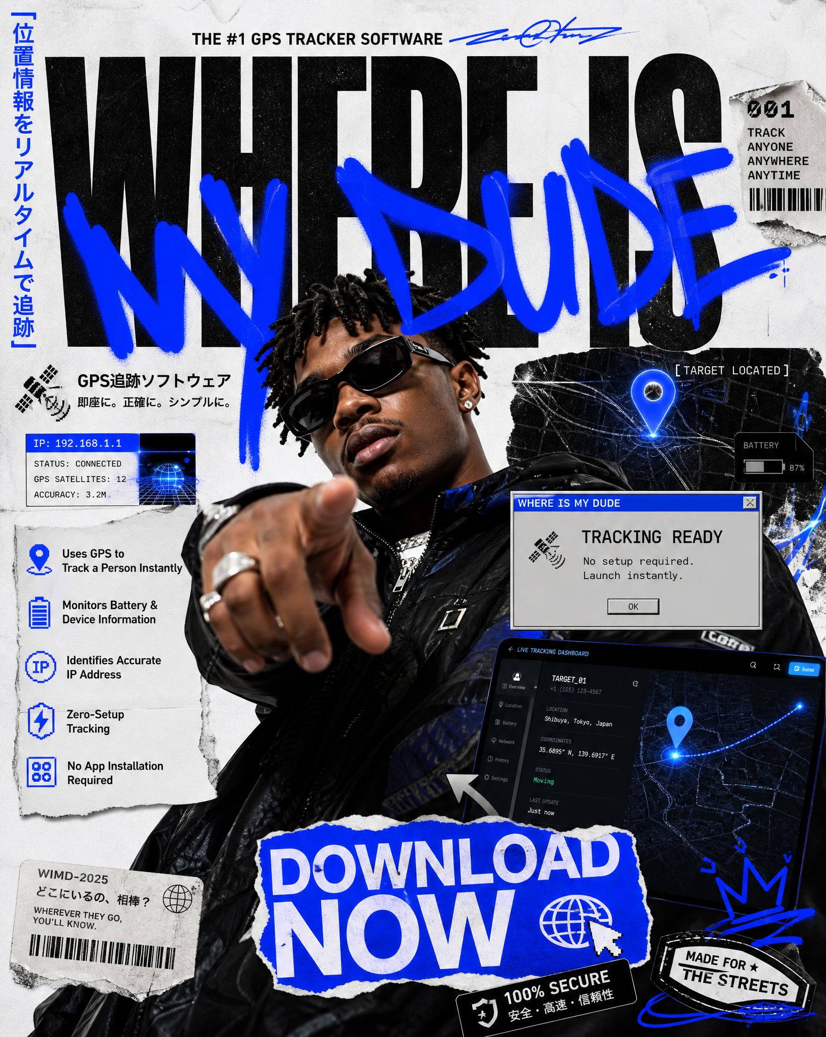 Create an ultra-premium Japanese street-art editorial poster redesign for a fictional GPS…