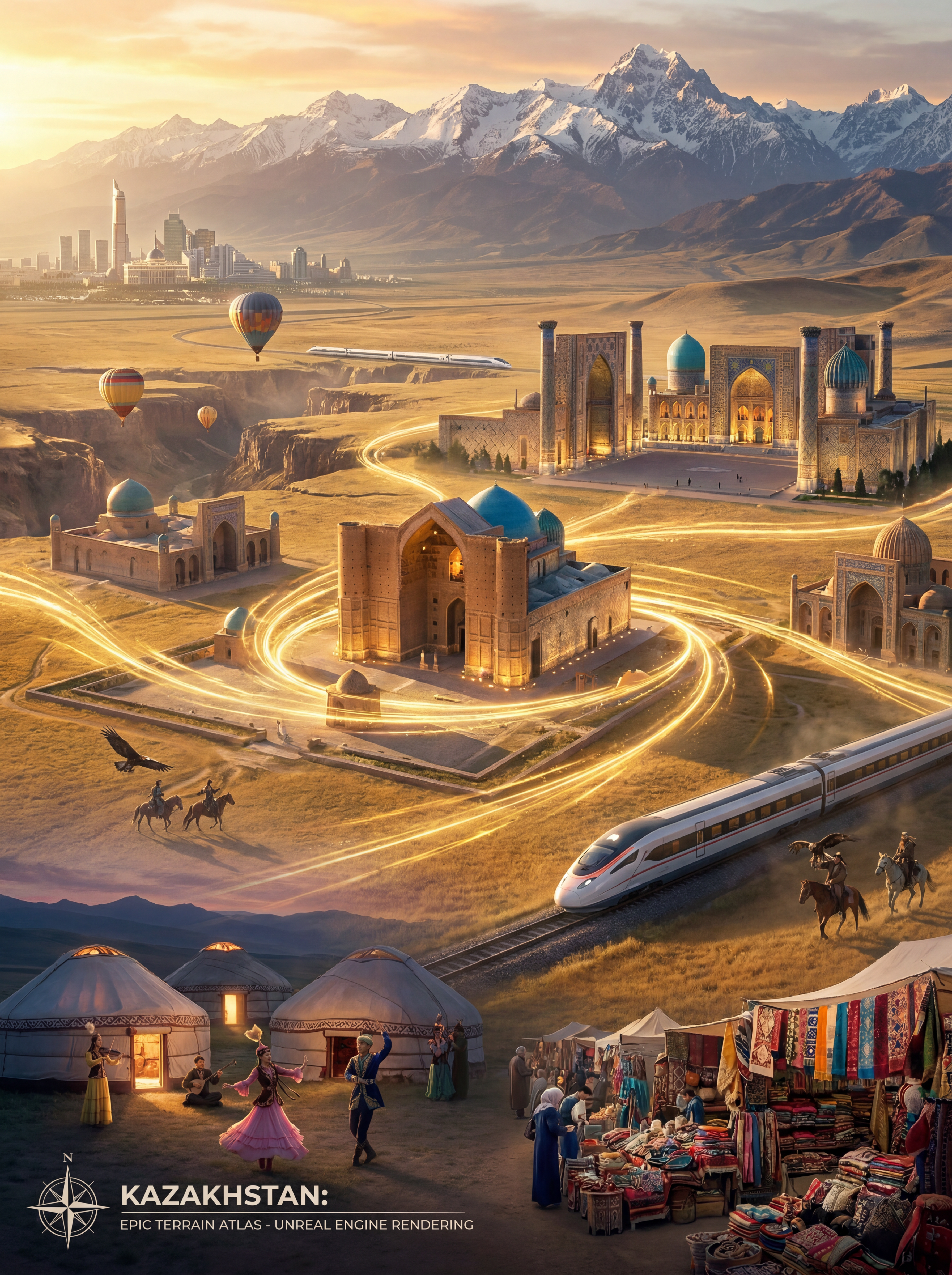 Create a visually unforgettable cinematic travel campaign for Kazakhstan that makes the n…