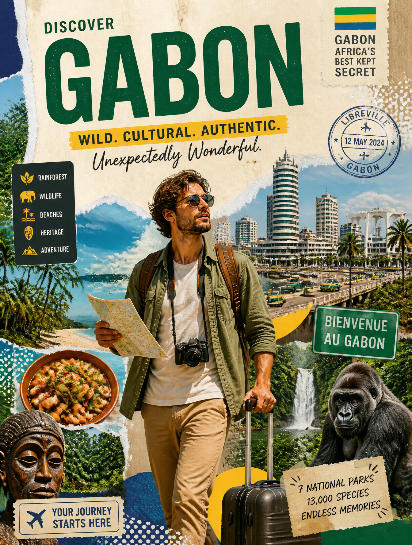 Create a stylized travel poster for [Gabon].The main subject should be a stylish internat…