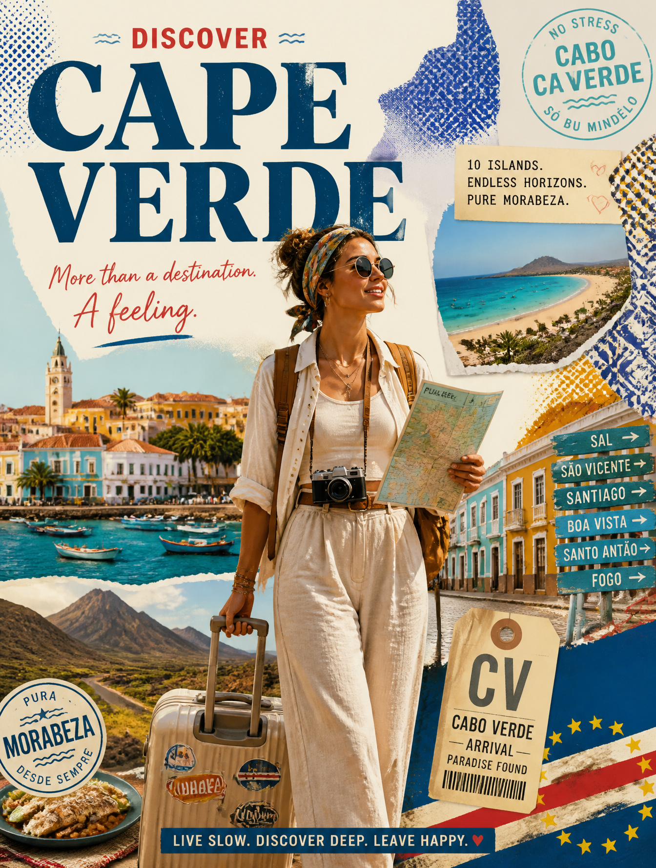 Create a stylized travel poster for [CAPE VERDE].The main subject should be a stylish int…