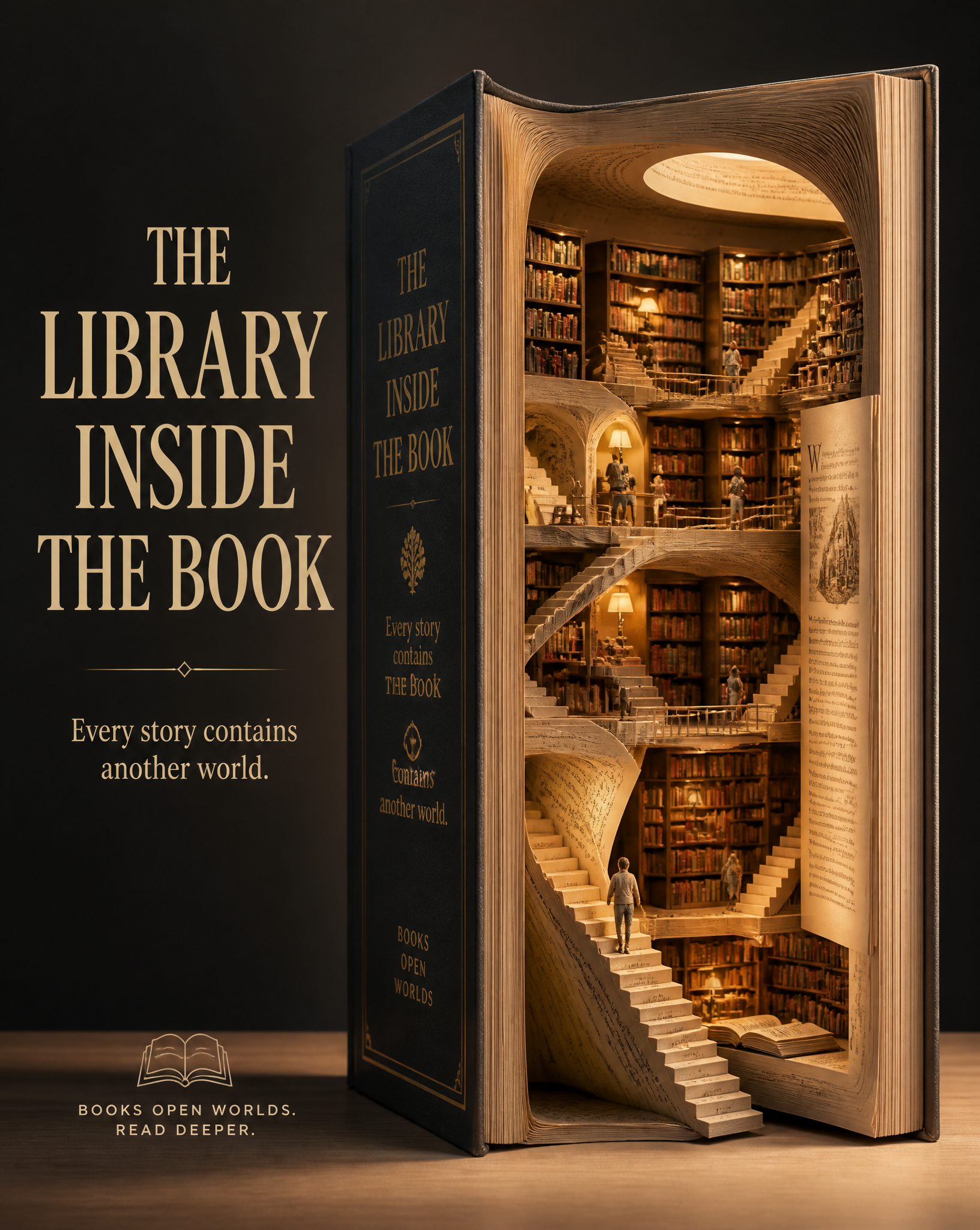 Create a premium 4:5 advertising poster called:"THE LIBRARY INSIDE THE BOOK"Main Visual:A…