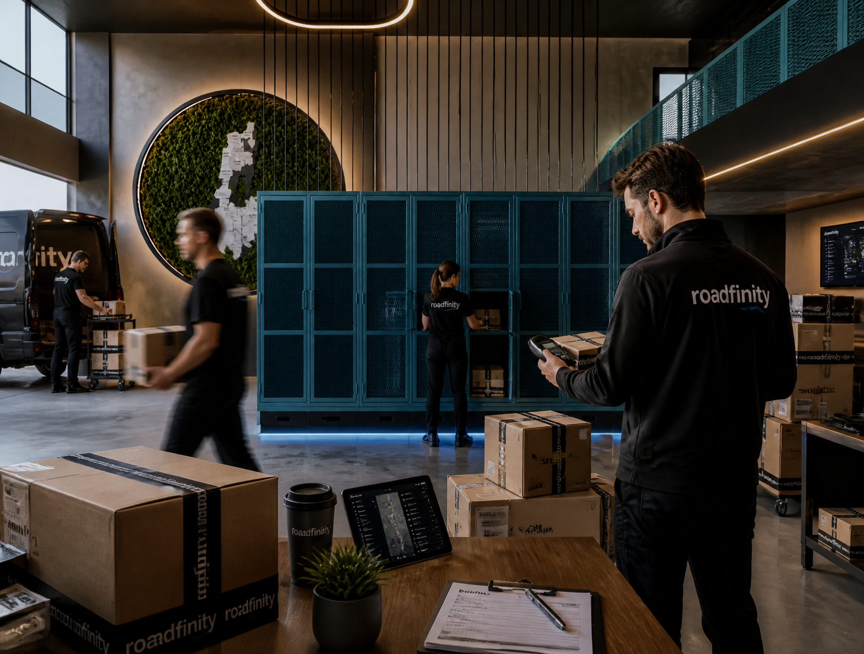 Professional architectural photography of a modern industrial delivery warehouse interior…